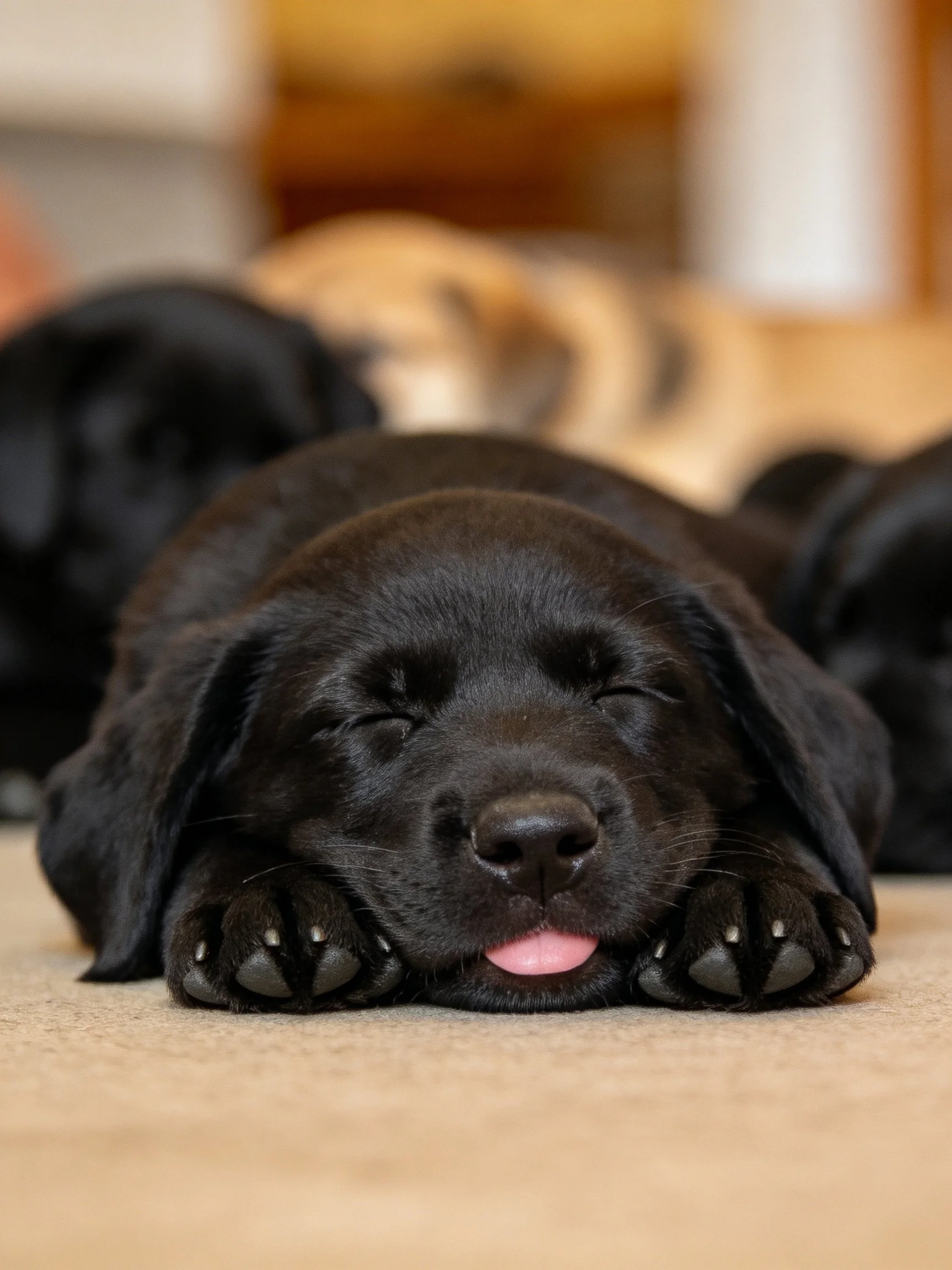 Sleepy black puppy resting near other puppies indoors
