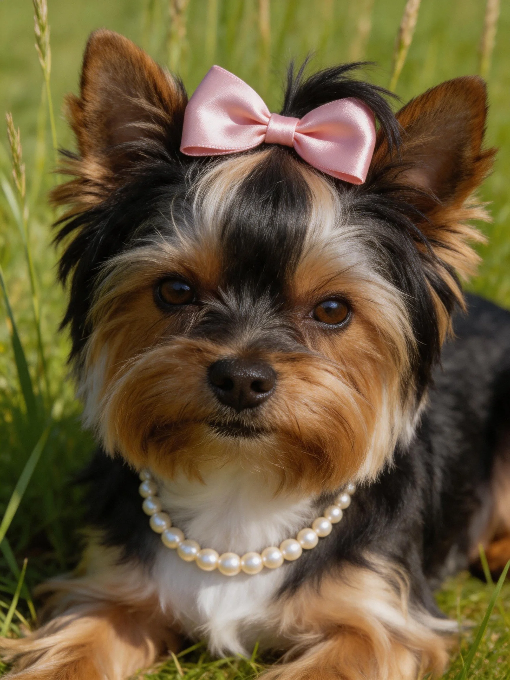 Small Yorkshire Terrier with pink bow and pearl necklace on grass