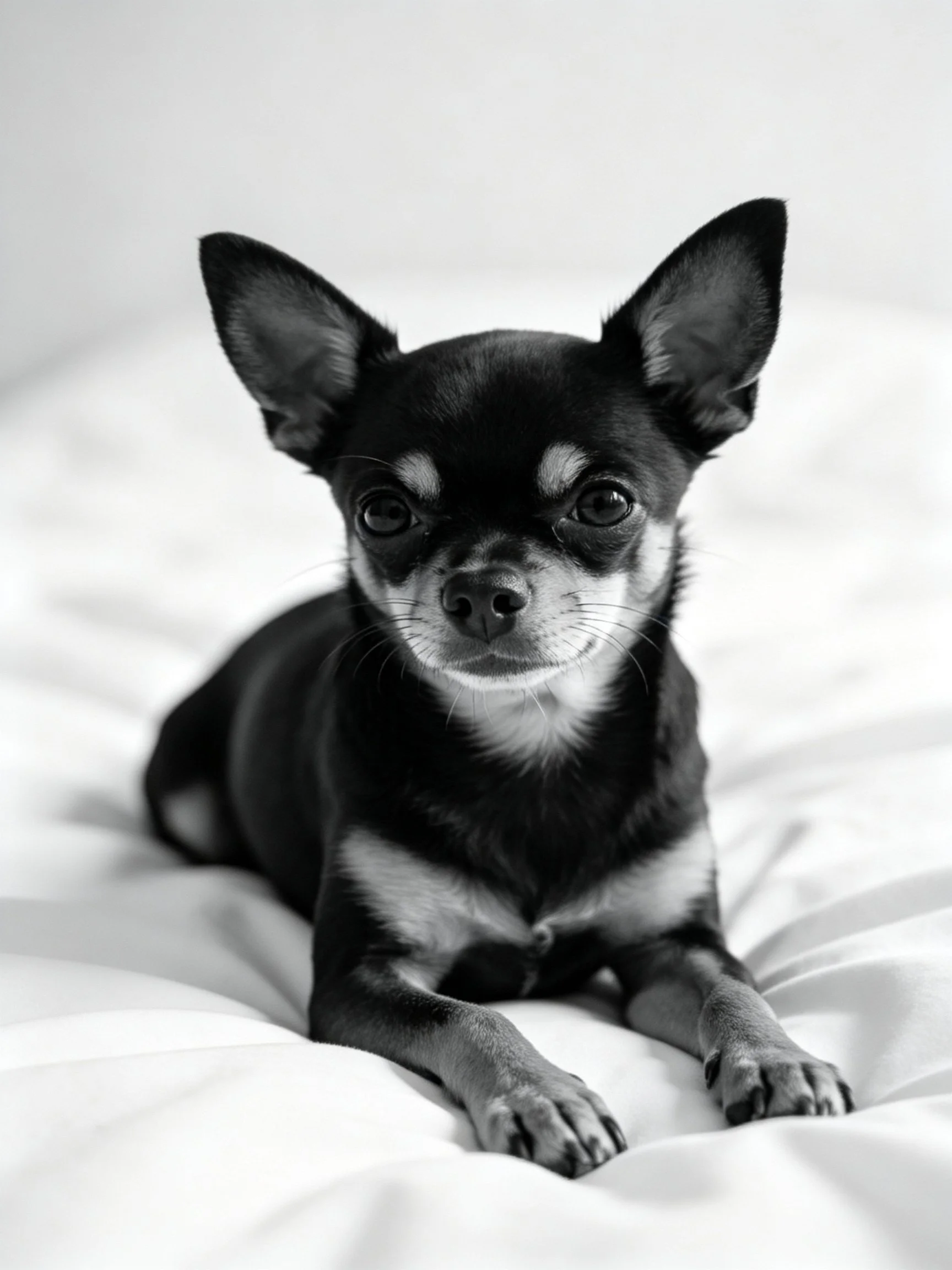 Small black and tan Chihuahua reclining on white bedding