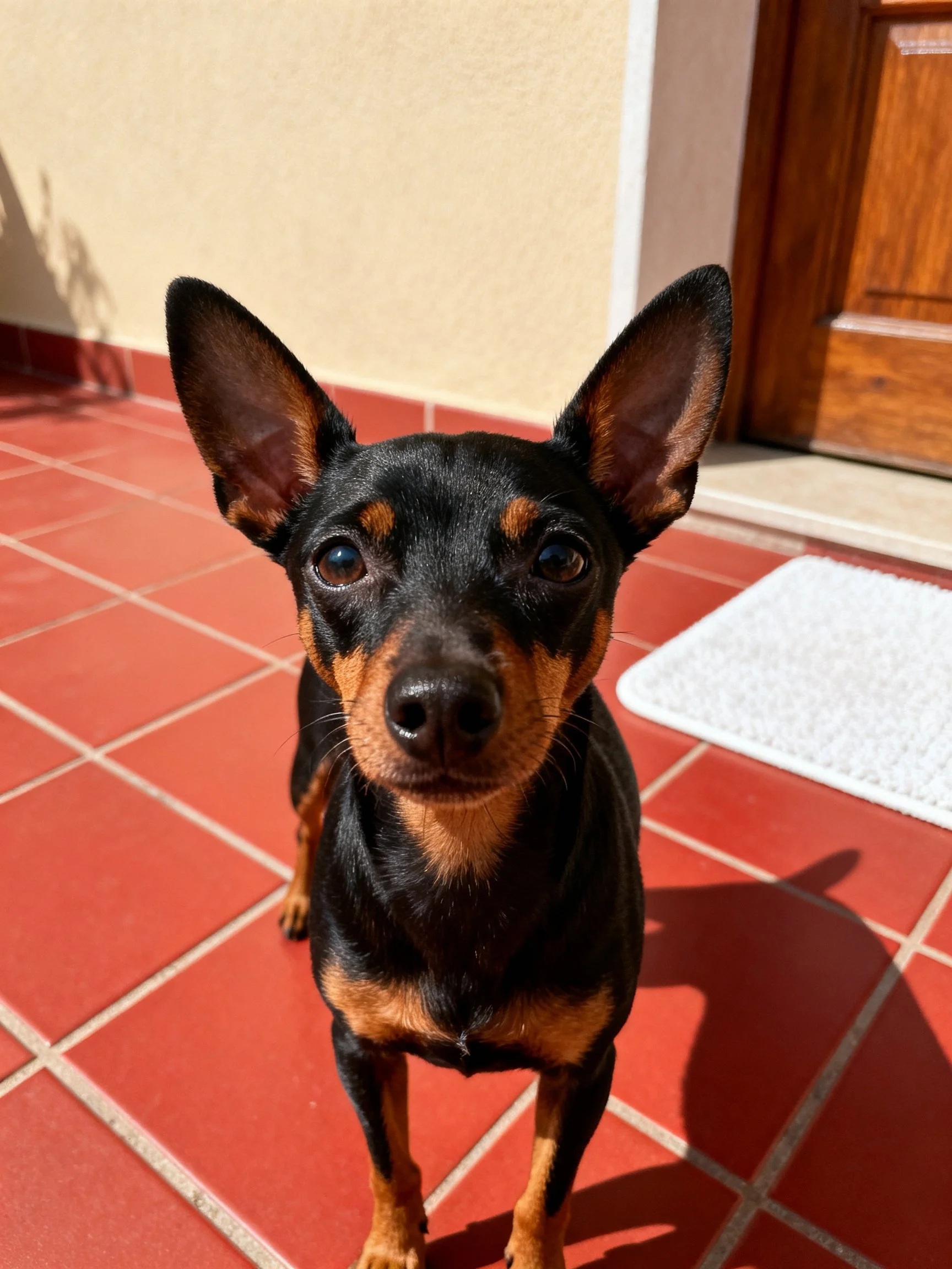 Small black and tan dog gazes directly at the camera on red tiles.