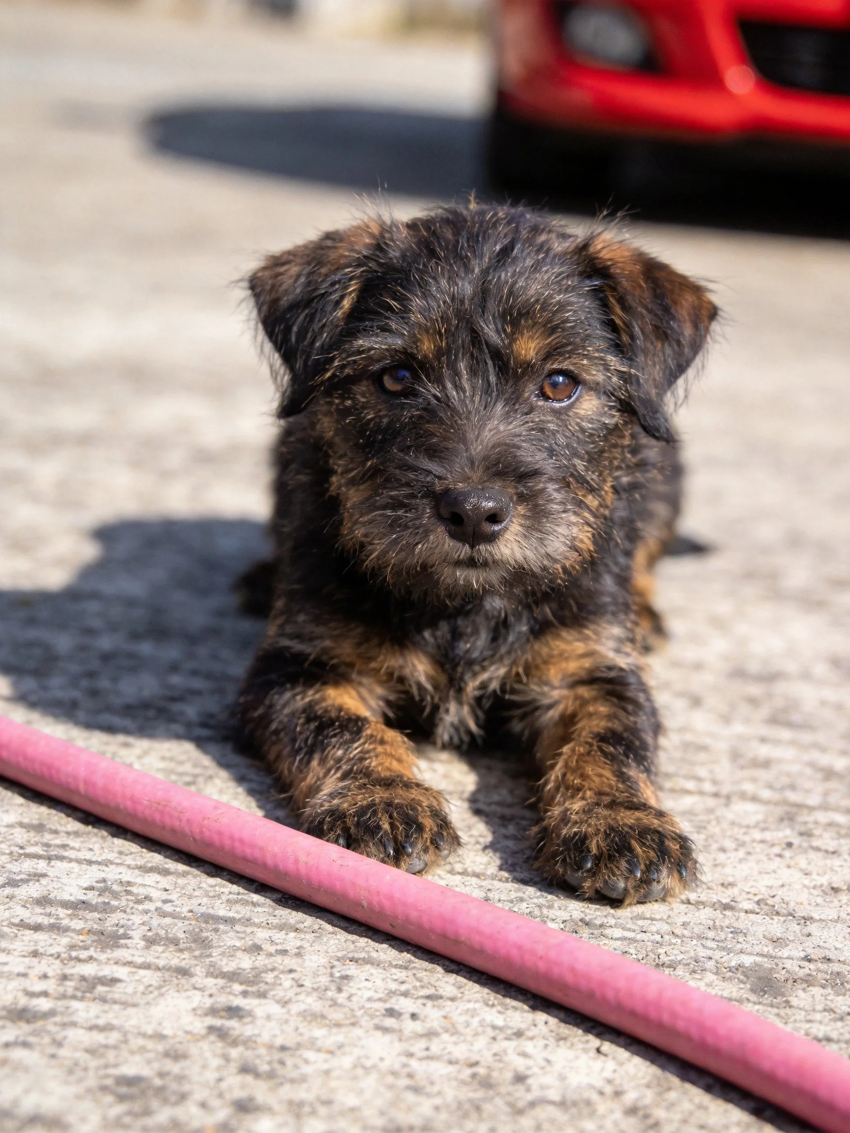A small black and tan puppy lies near a pink hose with a red car in the distance.