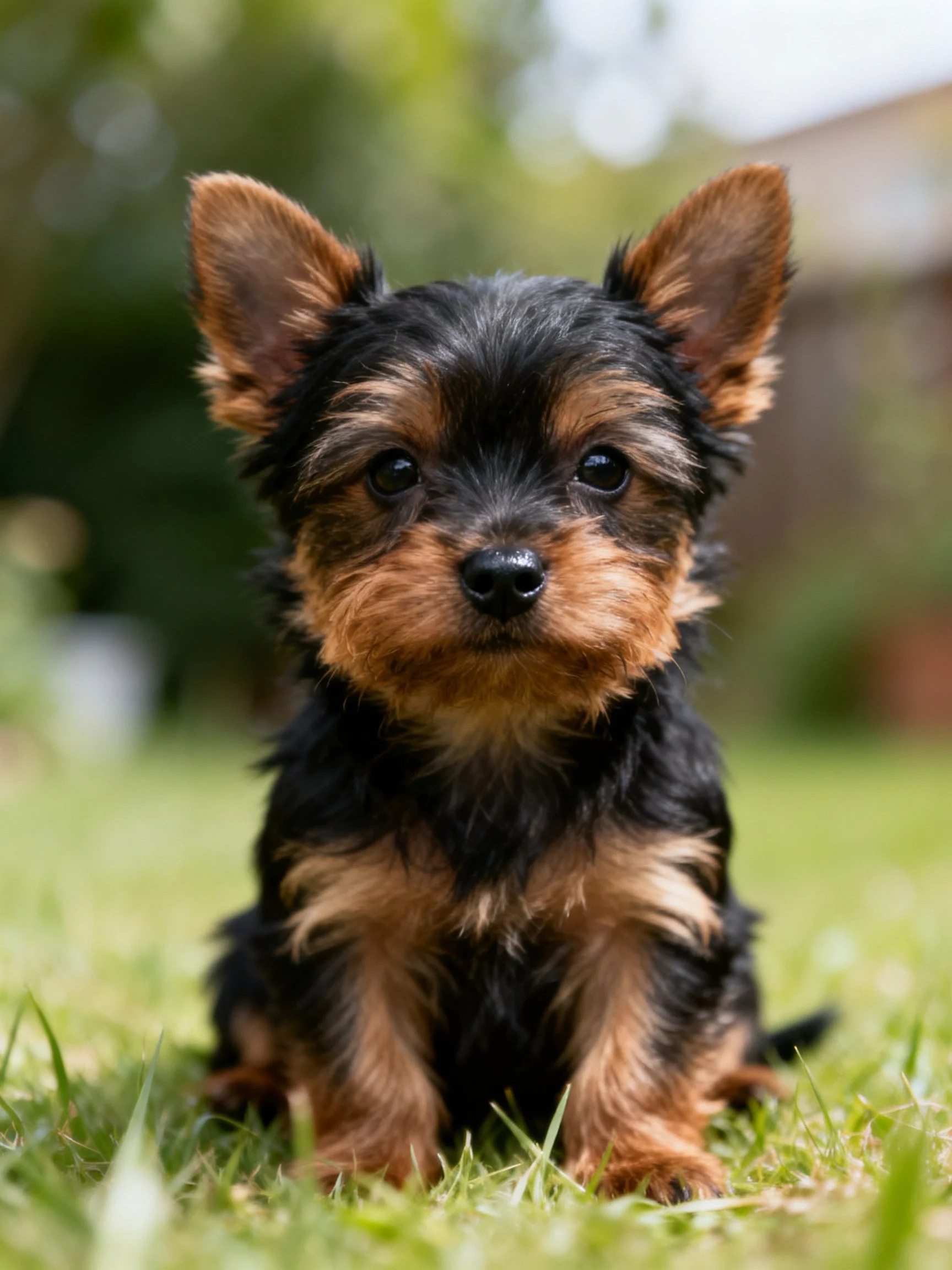 A small black and tan puppy sits calmly on green grass in an outdoor setting.