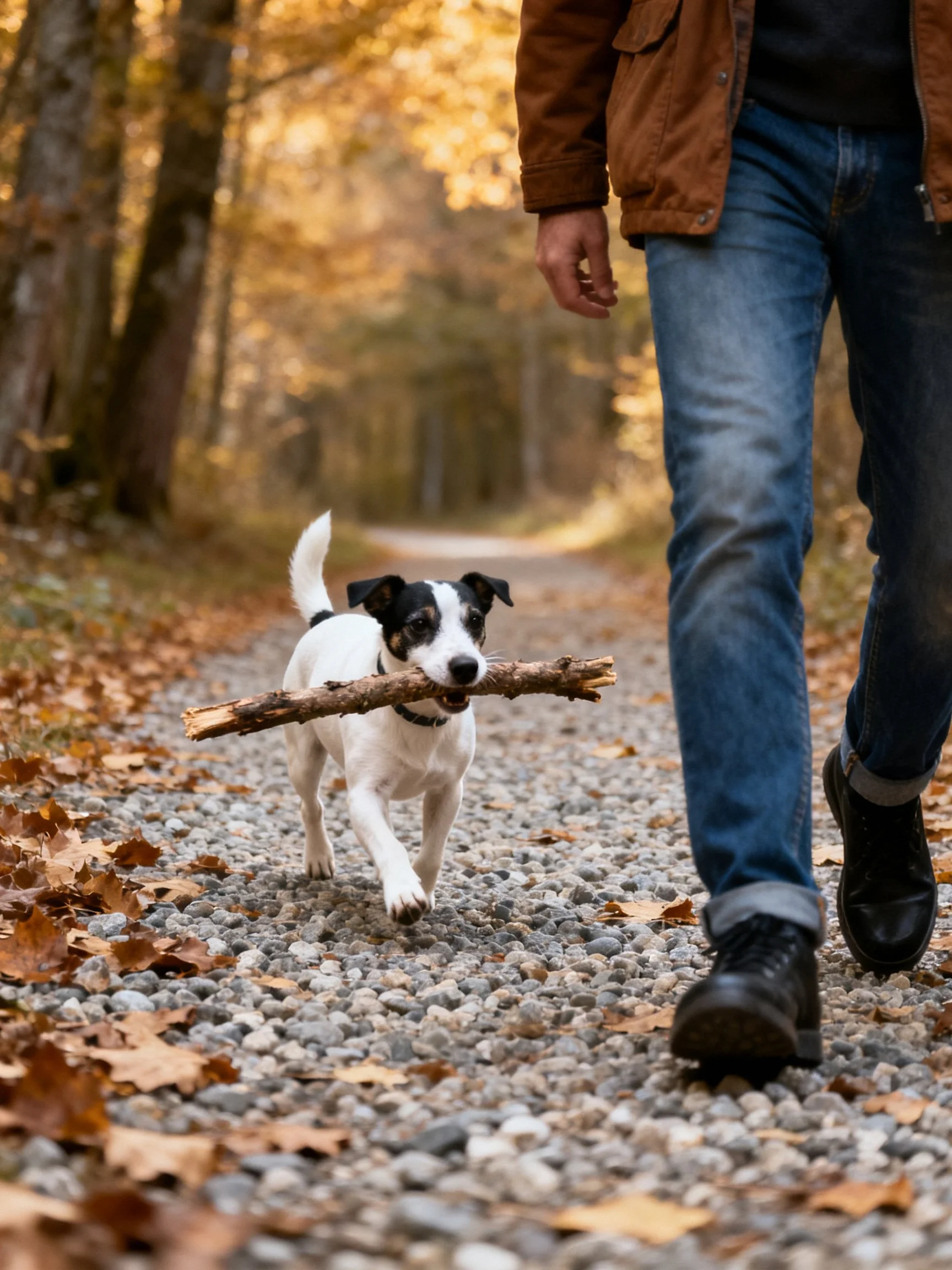 A small dog carries a stick while walking near a person on a gravel path.