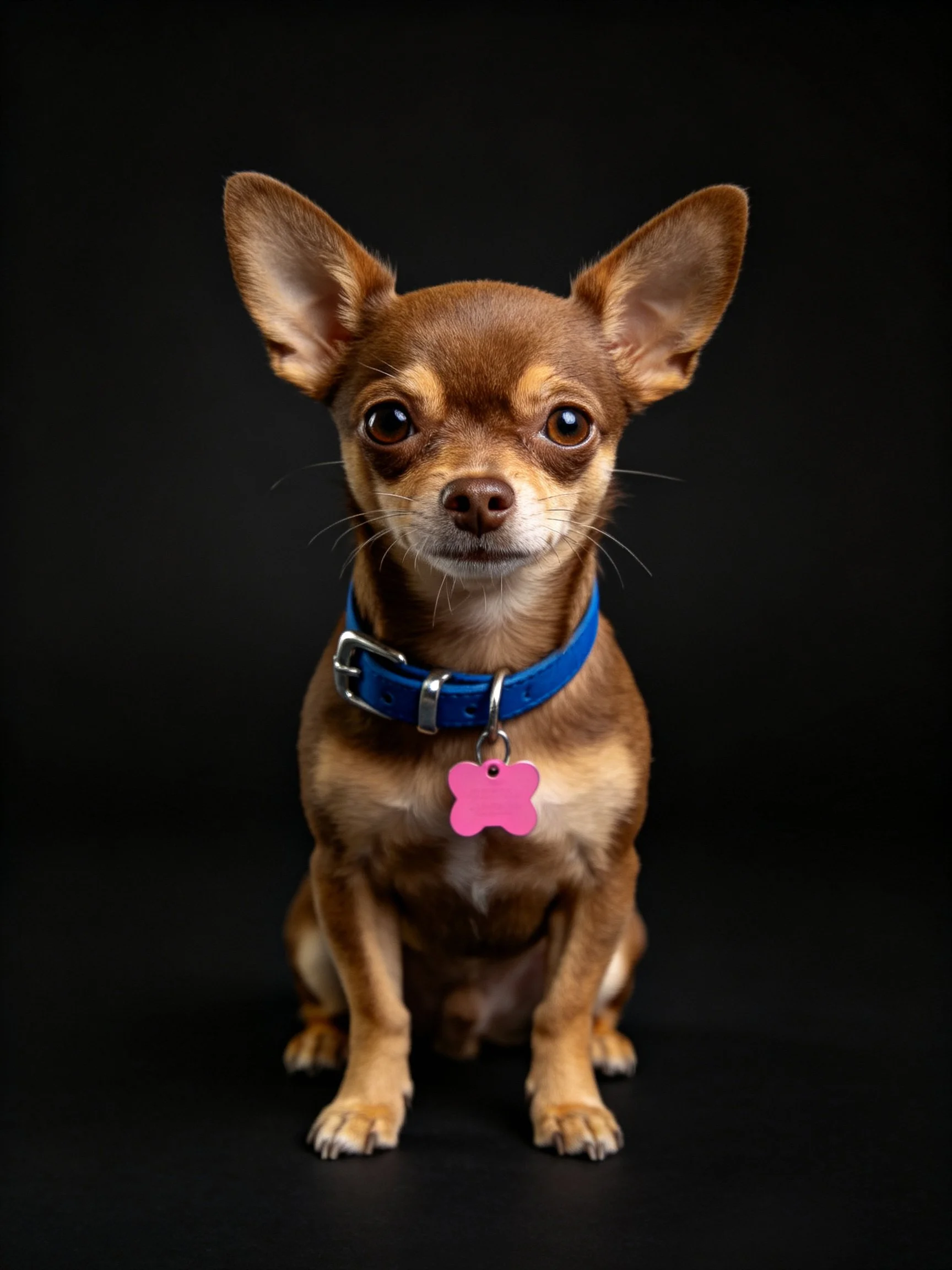 A small brown Chihuahua sits with a blue collar and pink tag on a black surface.