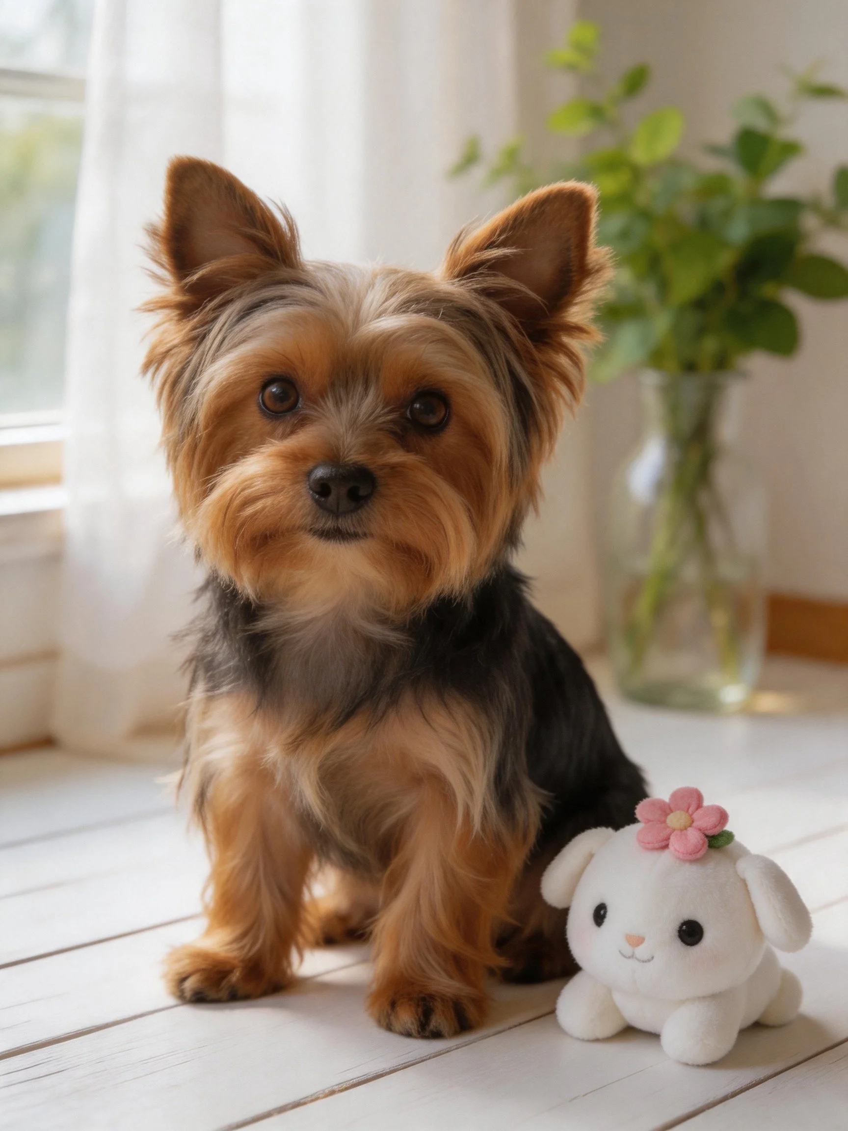 A small dog sits beside a white stuffed animal in a bright room with green plants