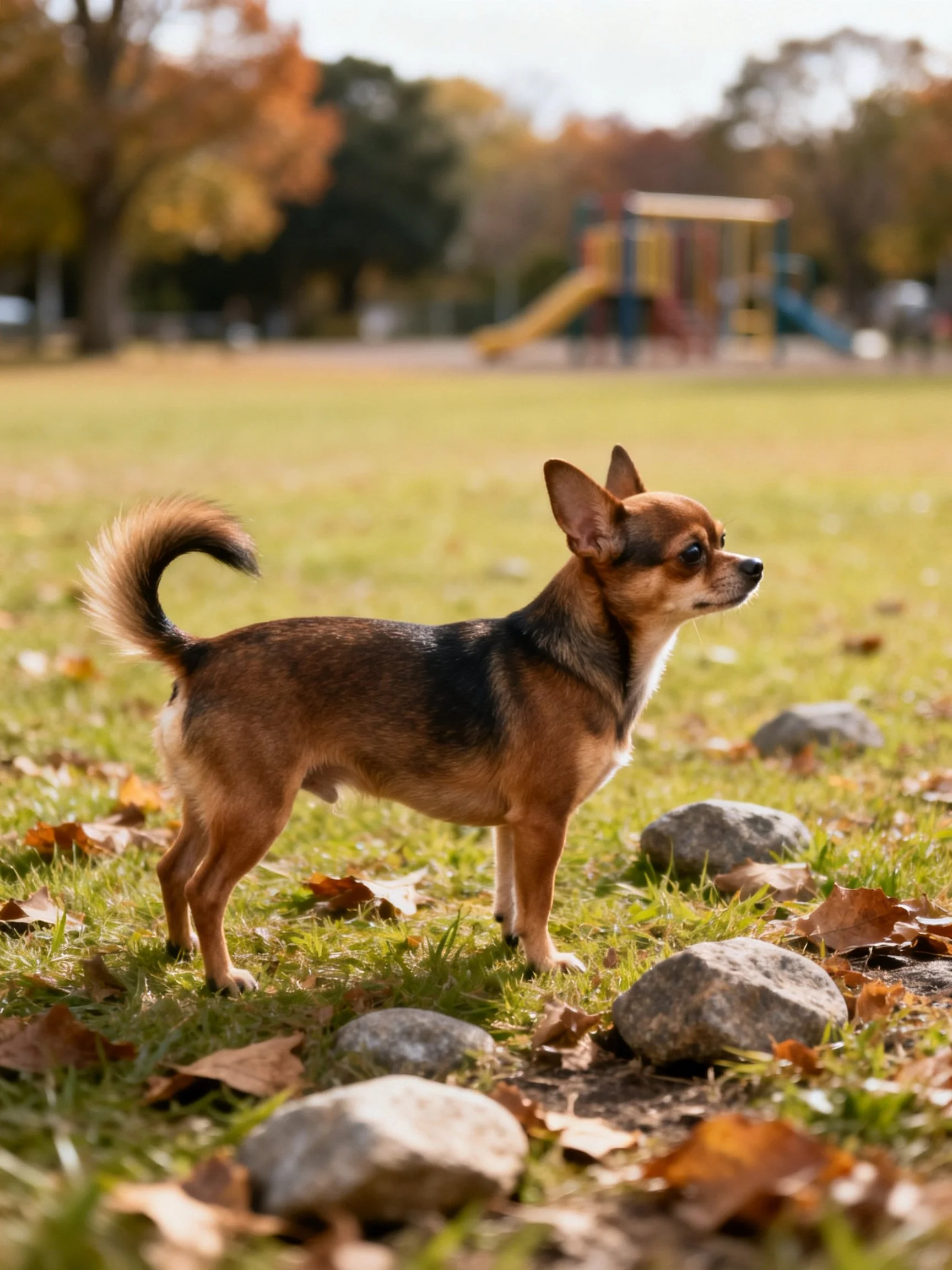 A small dog stands on grass near rocks in an autumn park setting.