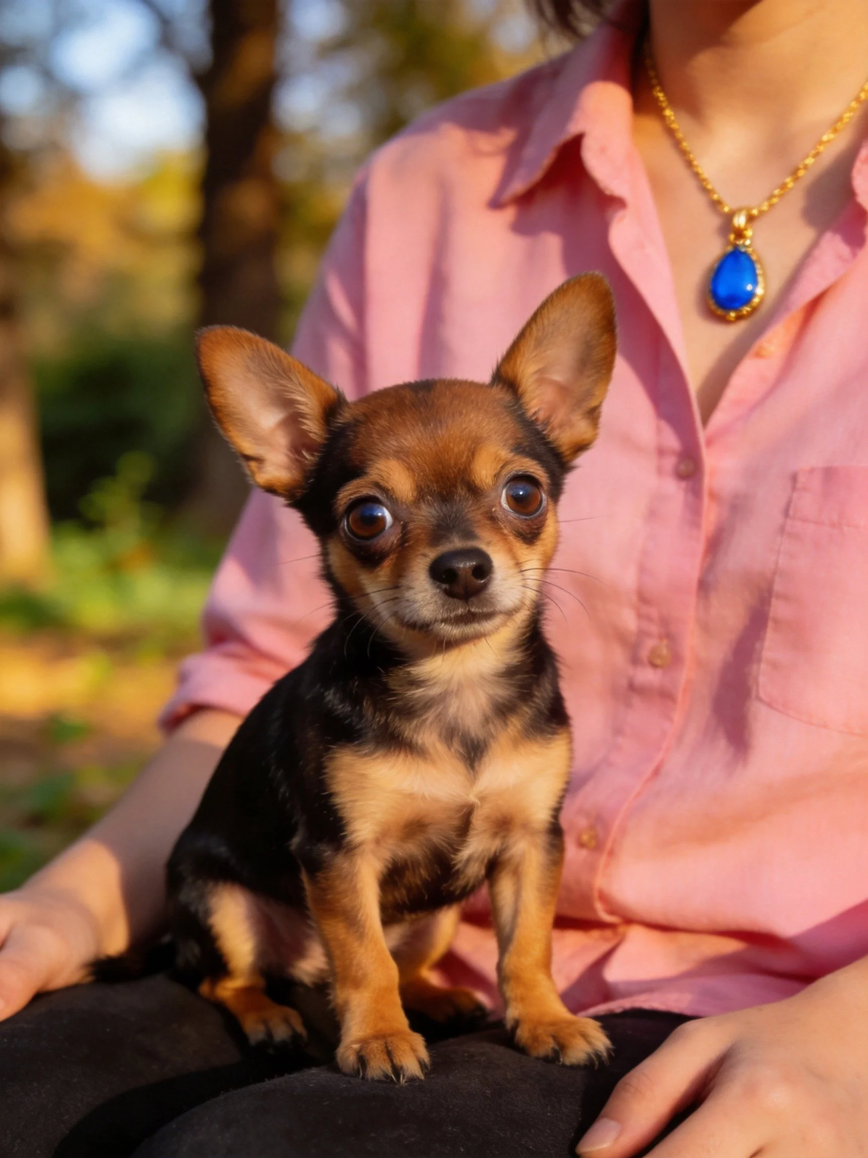 A small dog sits calmly on a person’s lap while wearing a pink shirt outside.