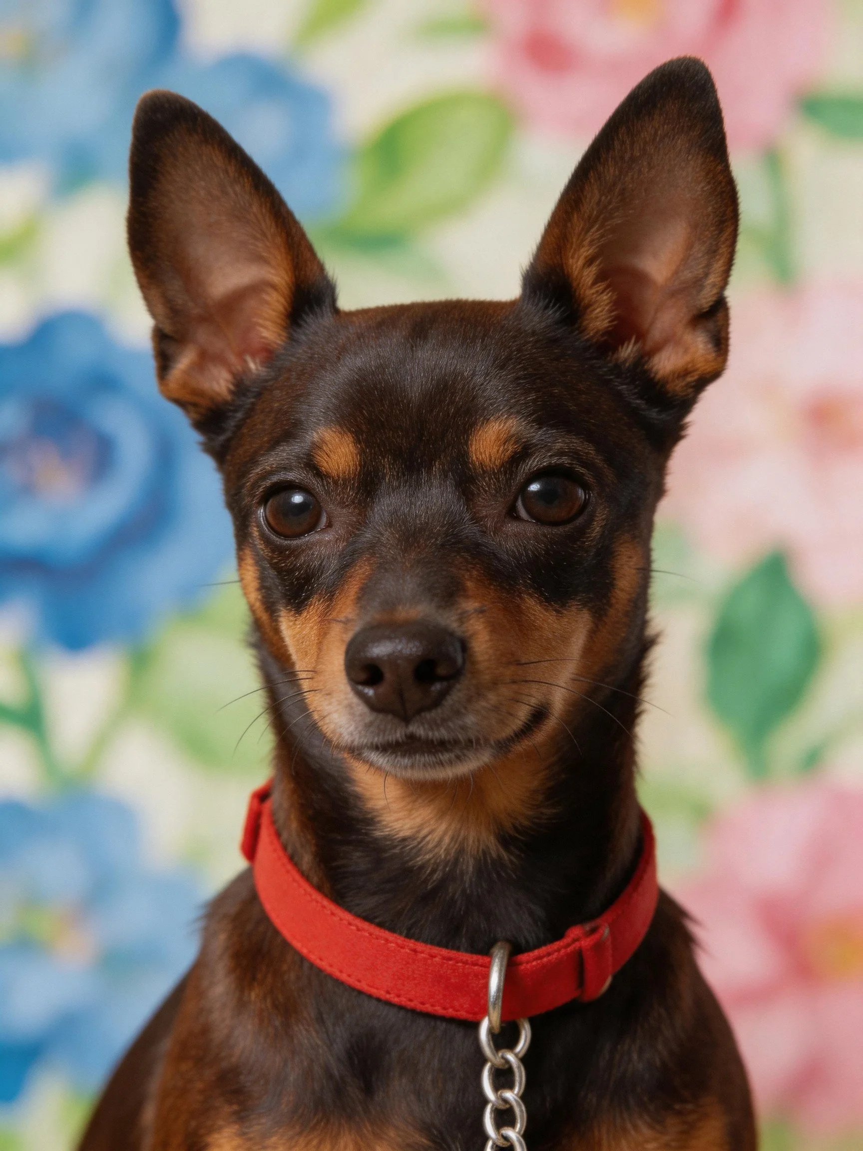 A small brown and tan dog with a red collar stands before a colorful floral backdrop.