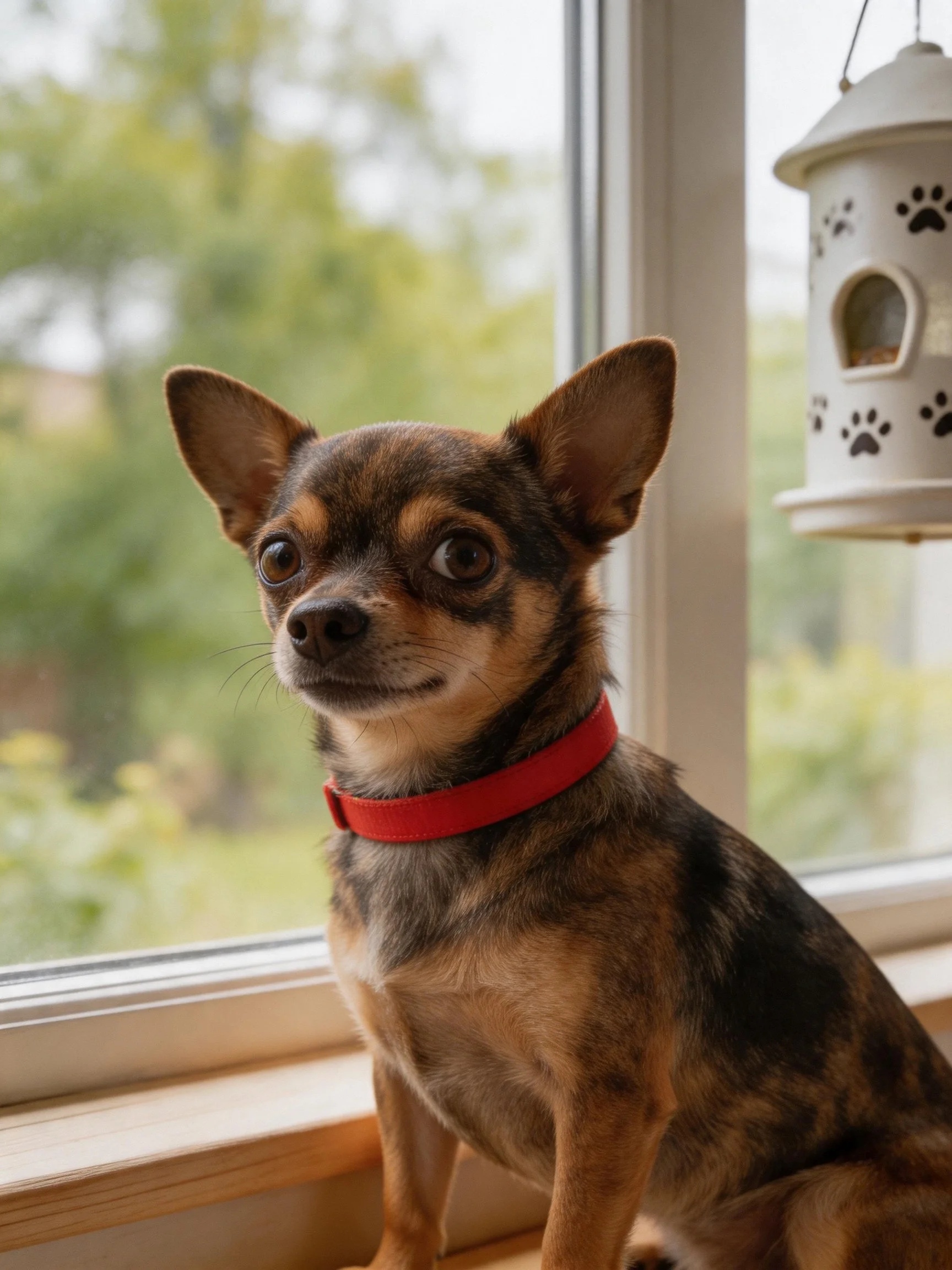 A small dog with a red collar sits by a window beside a paw-print bird feeder