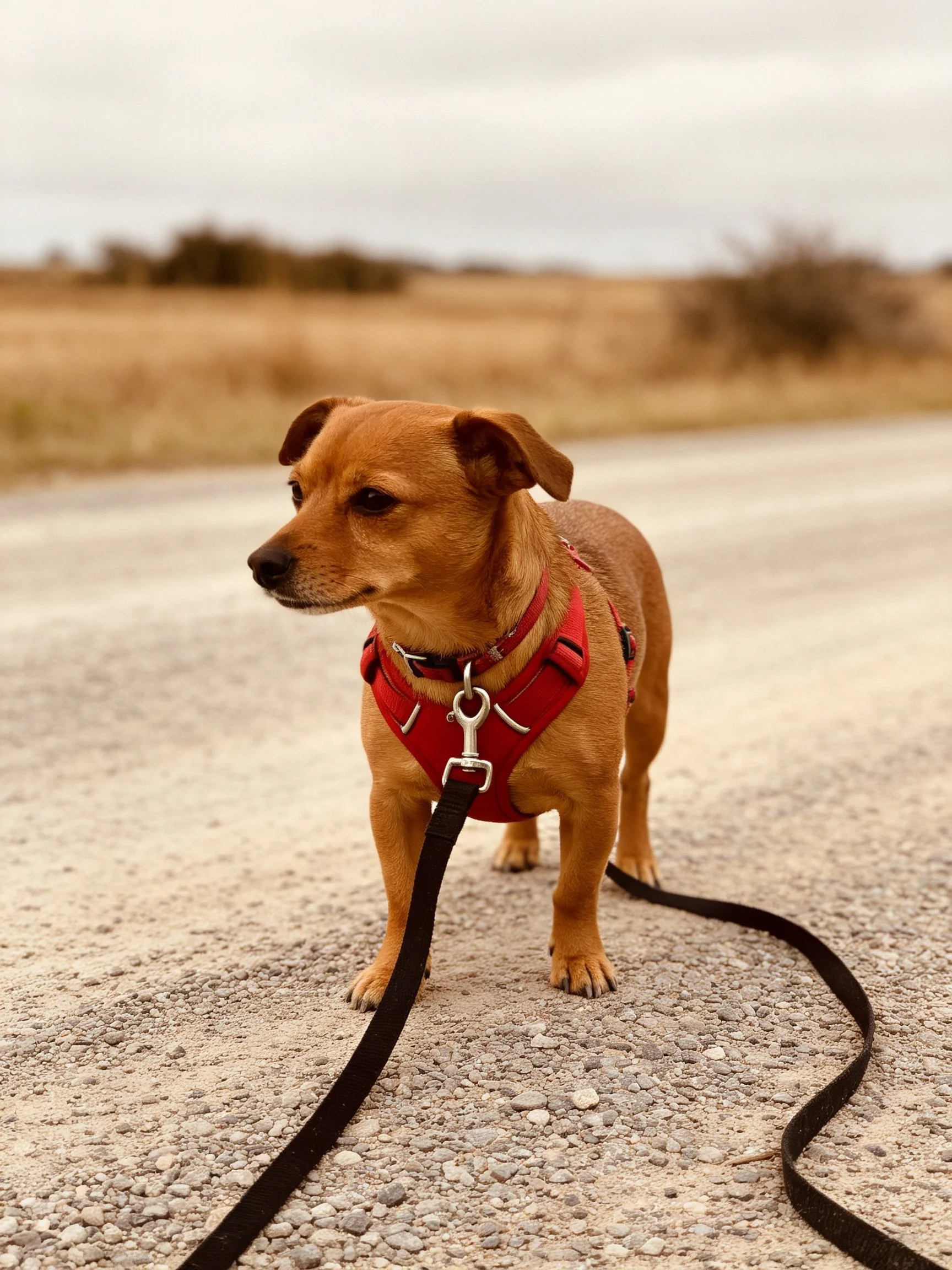 Brown dog in red harness stands on gravel road outdoors