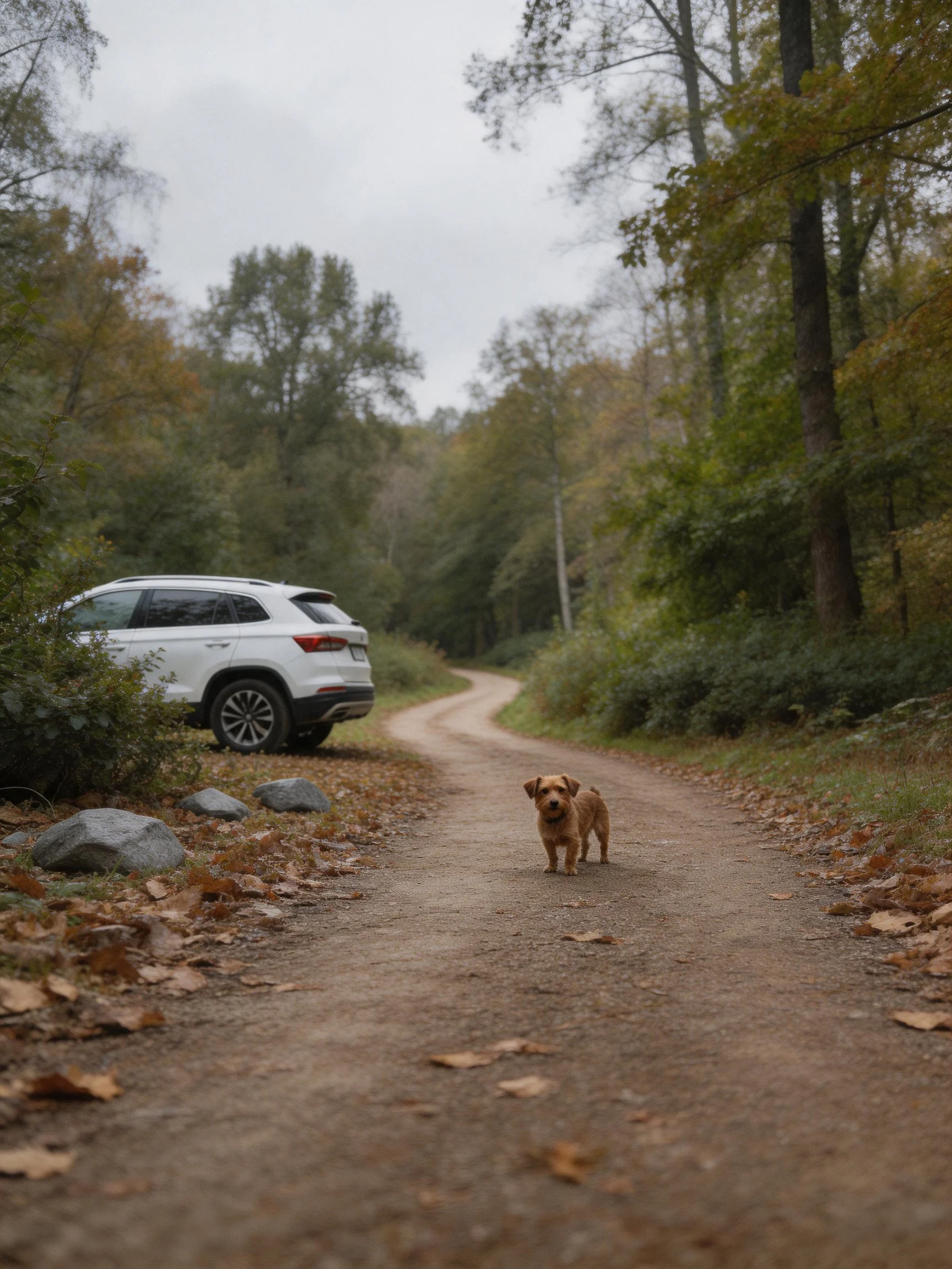 A small brown dog stands on a dirt road beside a parked white SUV in a wooded setting.