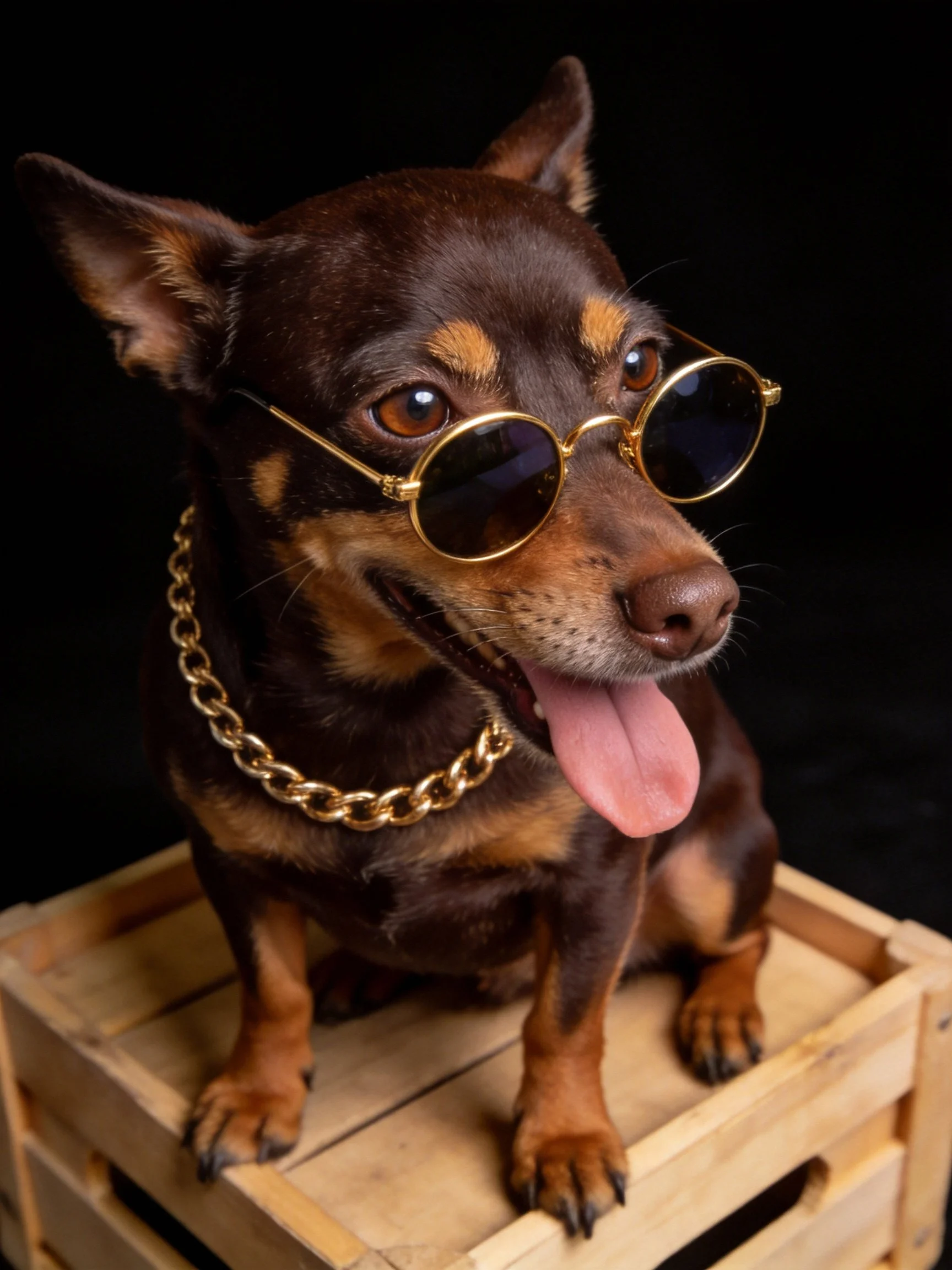 A small brown dog wearing gold sunglasses and a chain sits on a wooden crate.