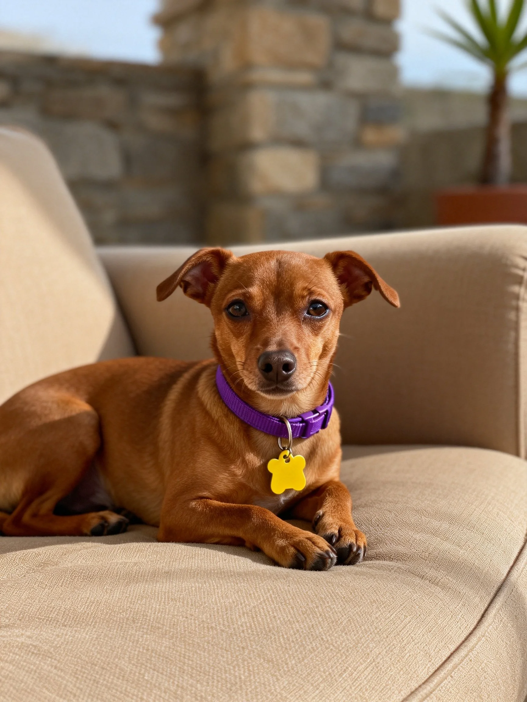 A brown dog with a purple collar relaxes on a beige couch.