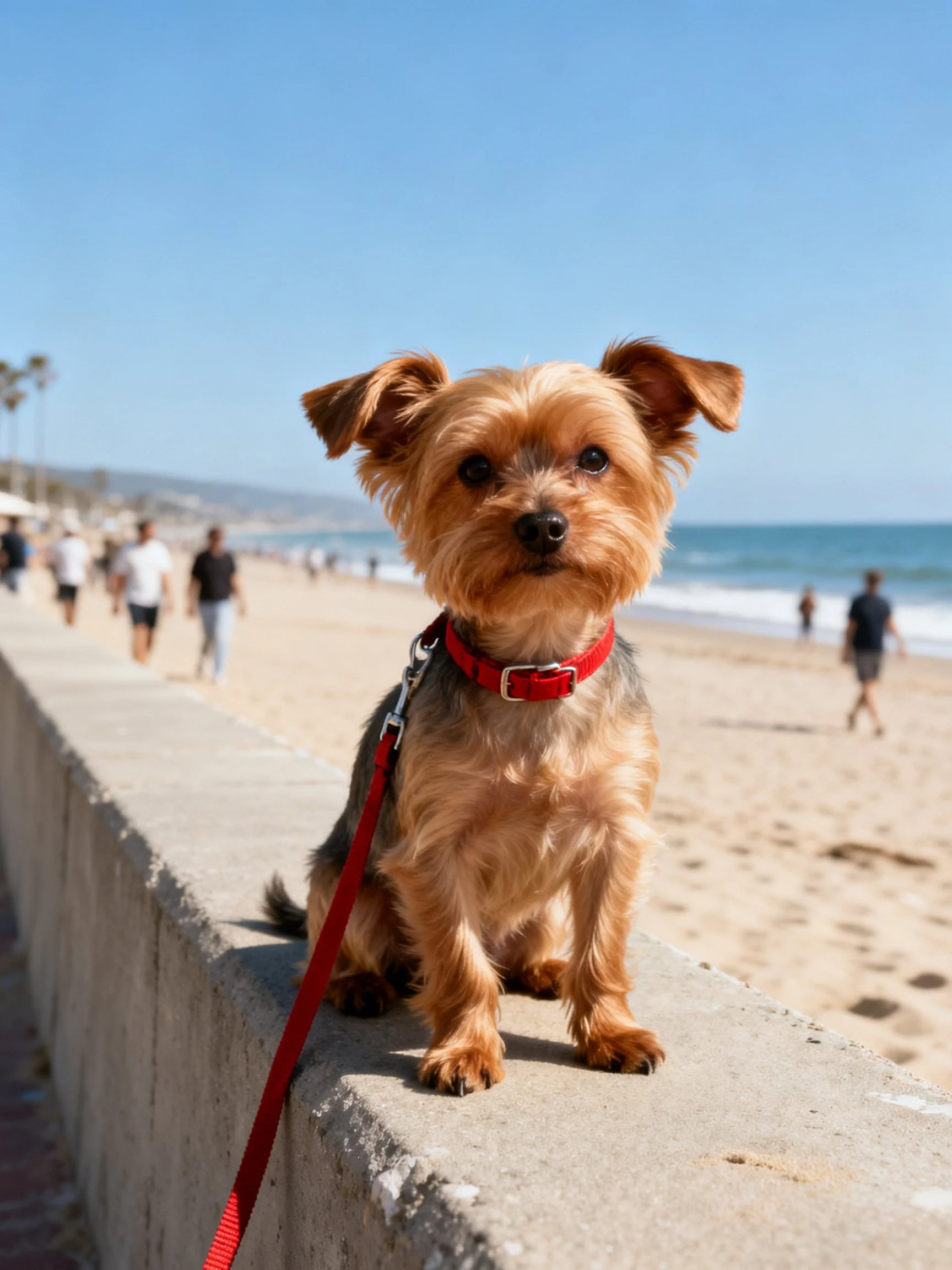 A small dog with a red collar sits on a concrete ledge near a sandy beach with pedestrians.