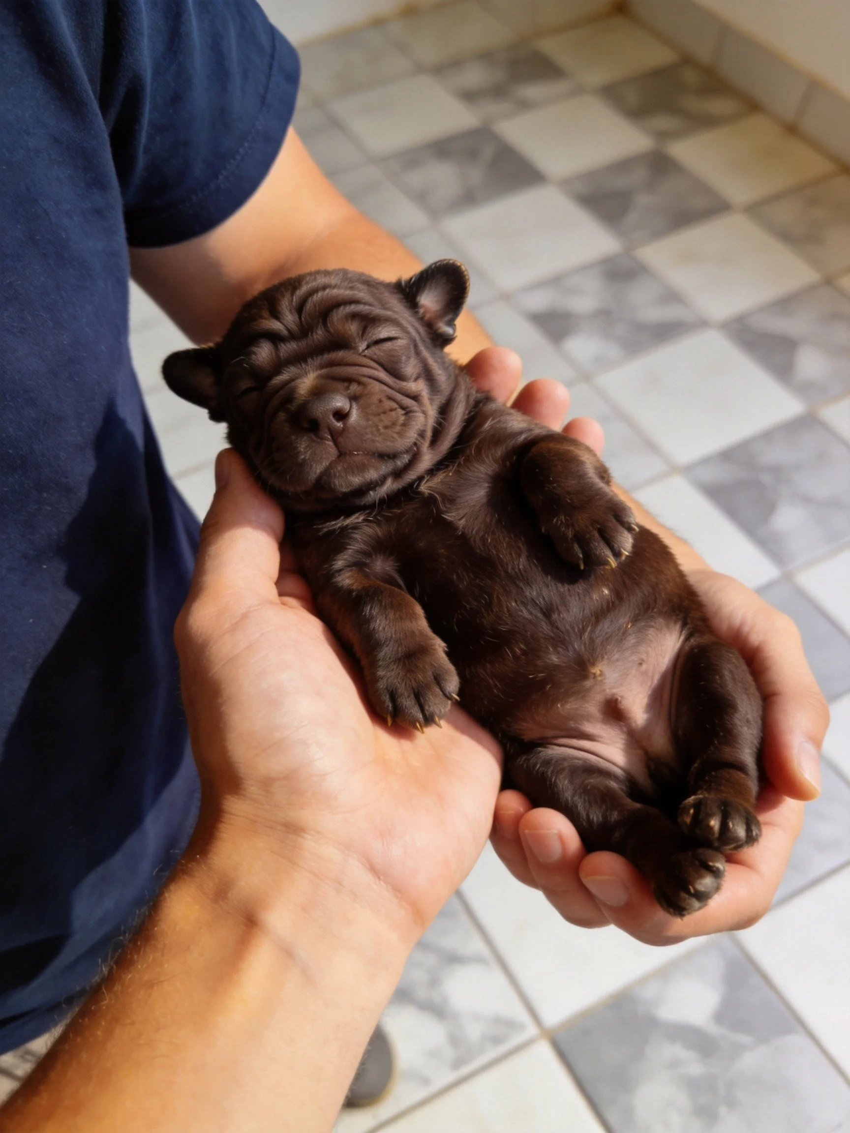 A small dark brown puppy sleeps while being held.