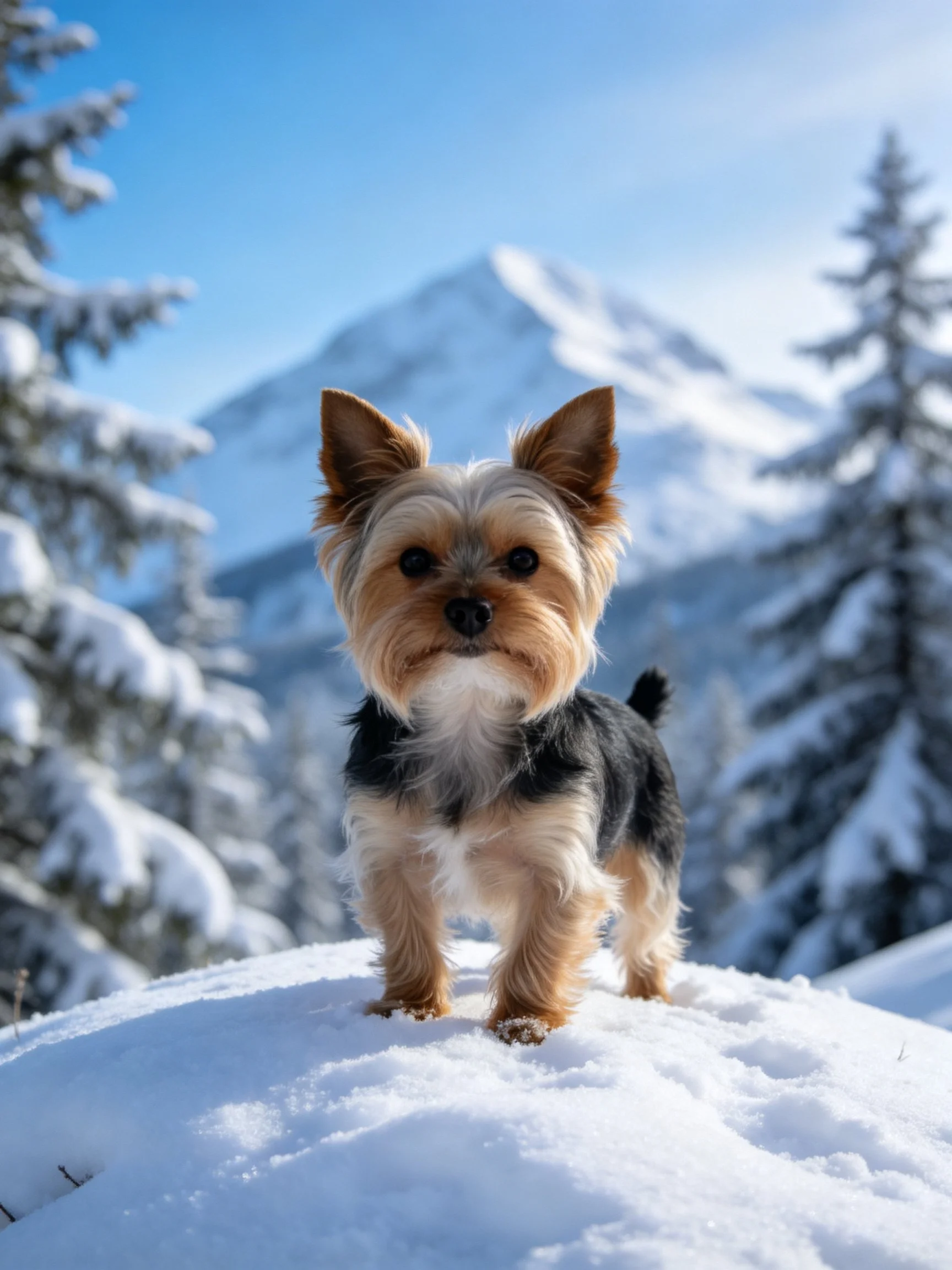 A small dog stands on snow with snowy trees and mountains in the background.