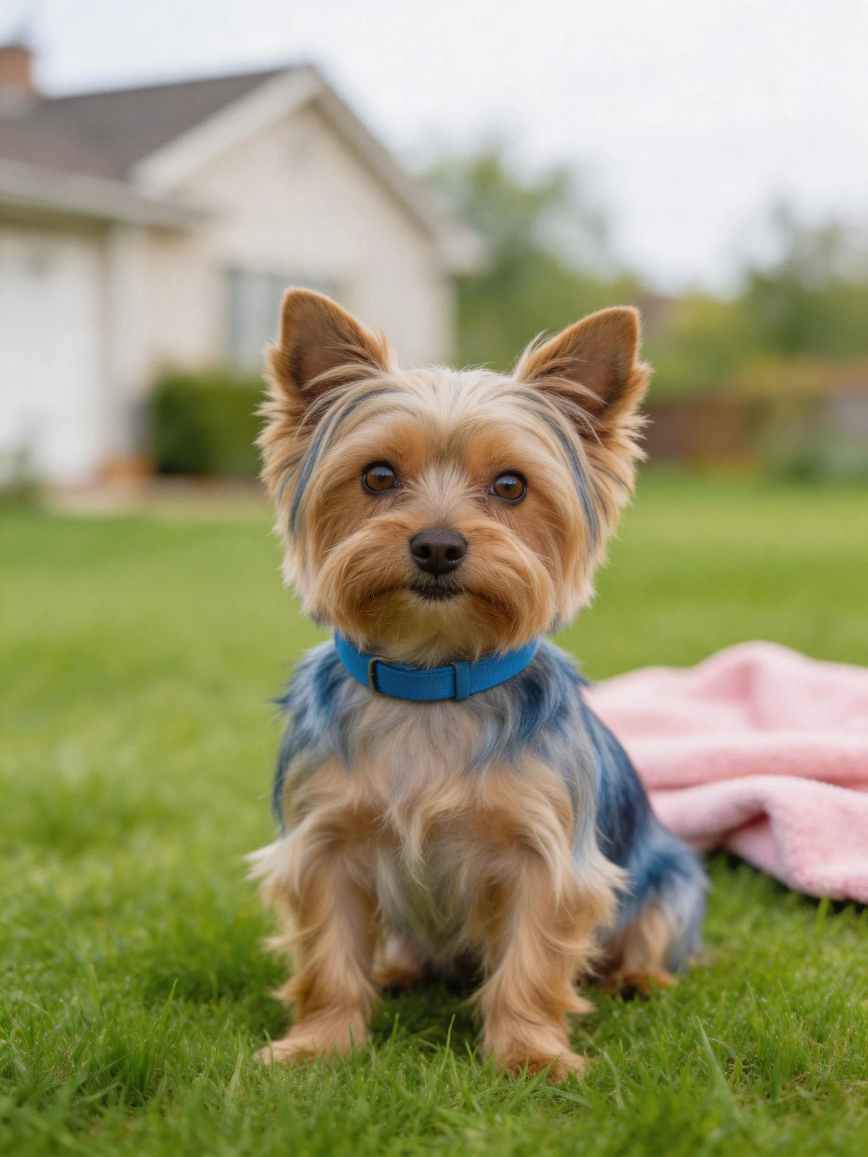 A small dog sits on grass near a house with a pink blanket.