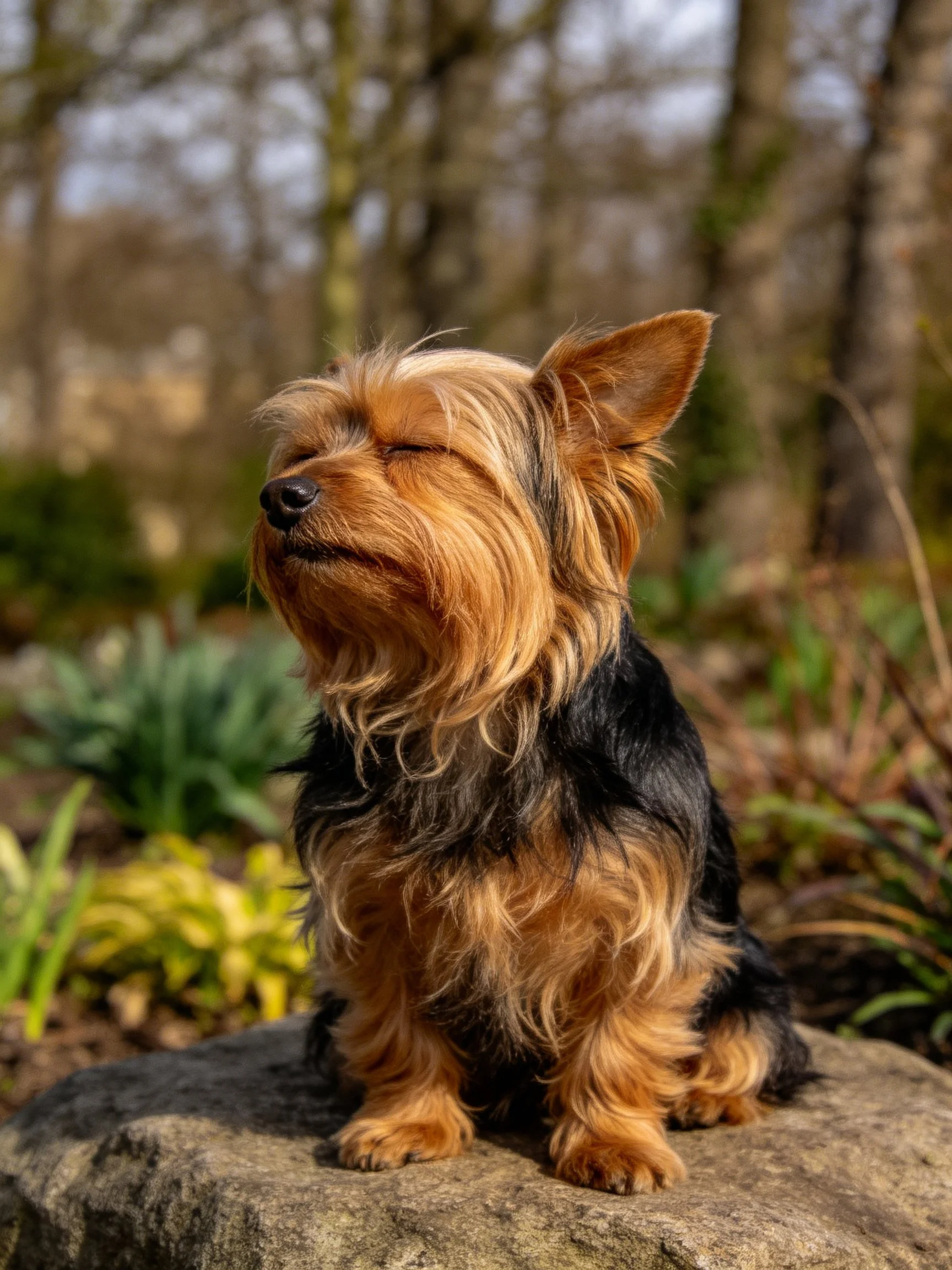 A small dog with brown and black fur sits calmly on a rock amidst an outdoor garden setting.