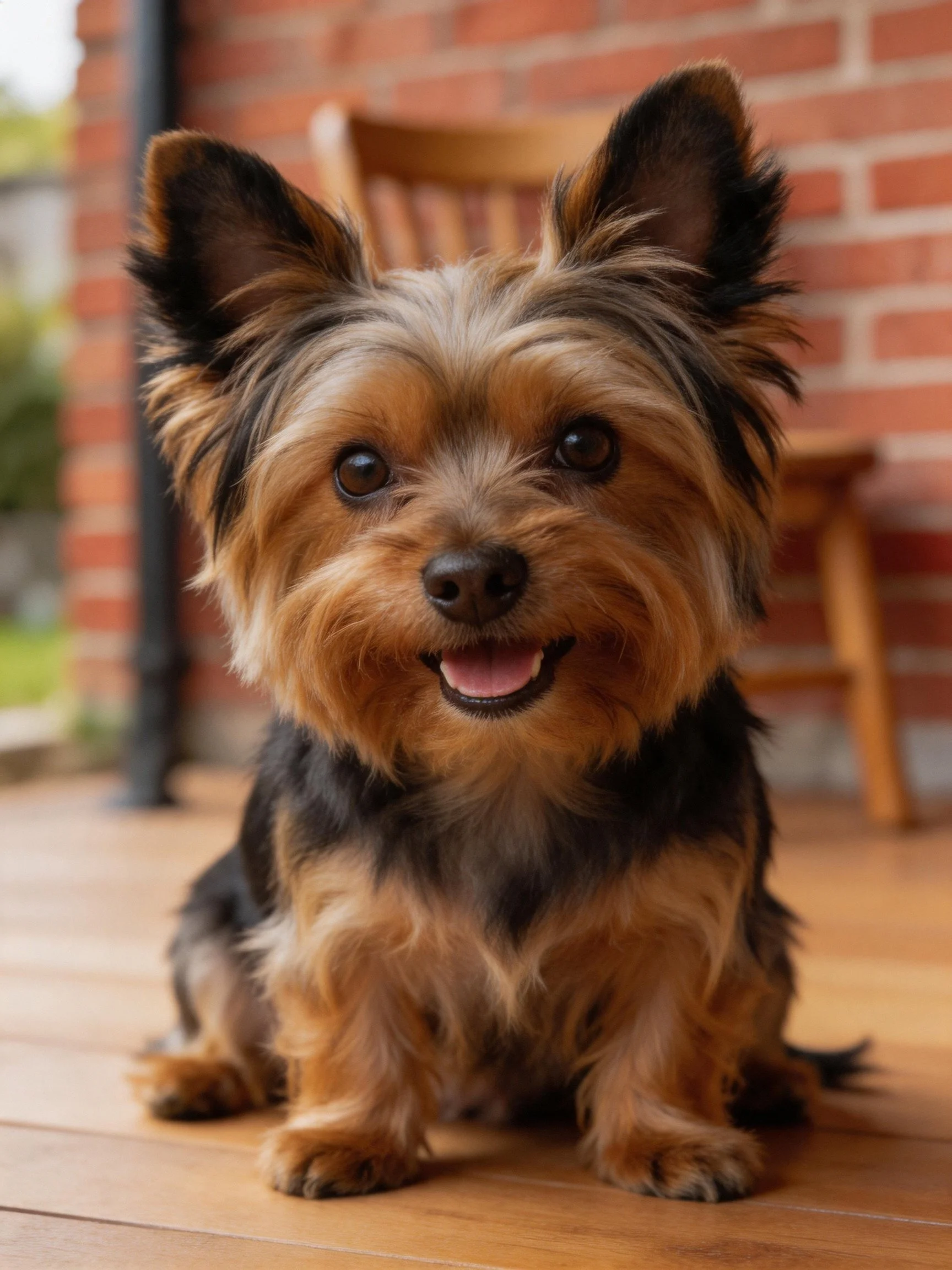A small dog with brown and black fur sits happily on a wooden deck near a brick wall