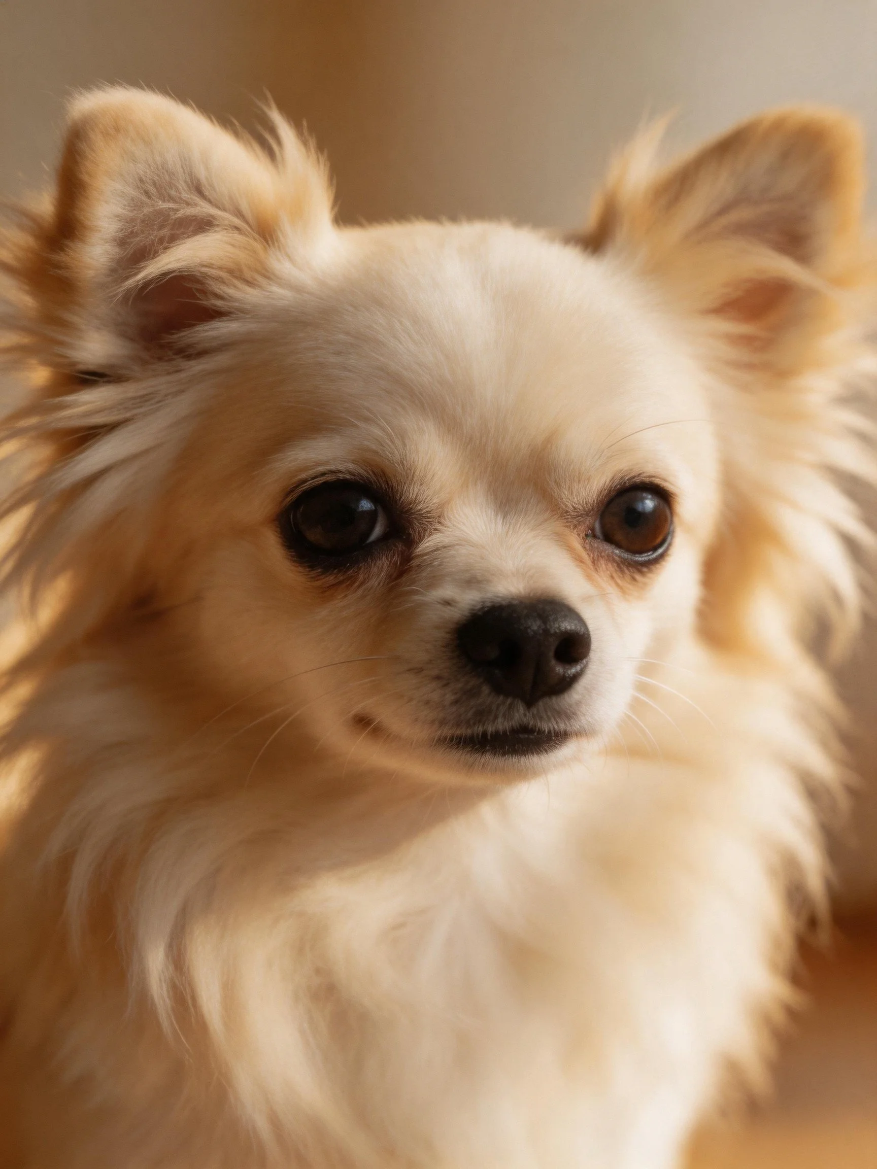 Close-up of a small dog with long cream fur