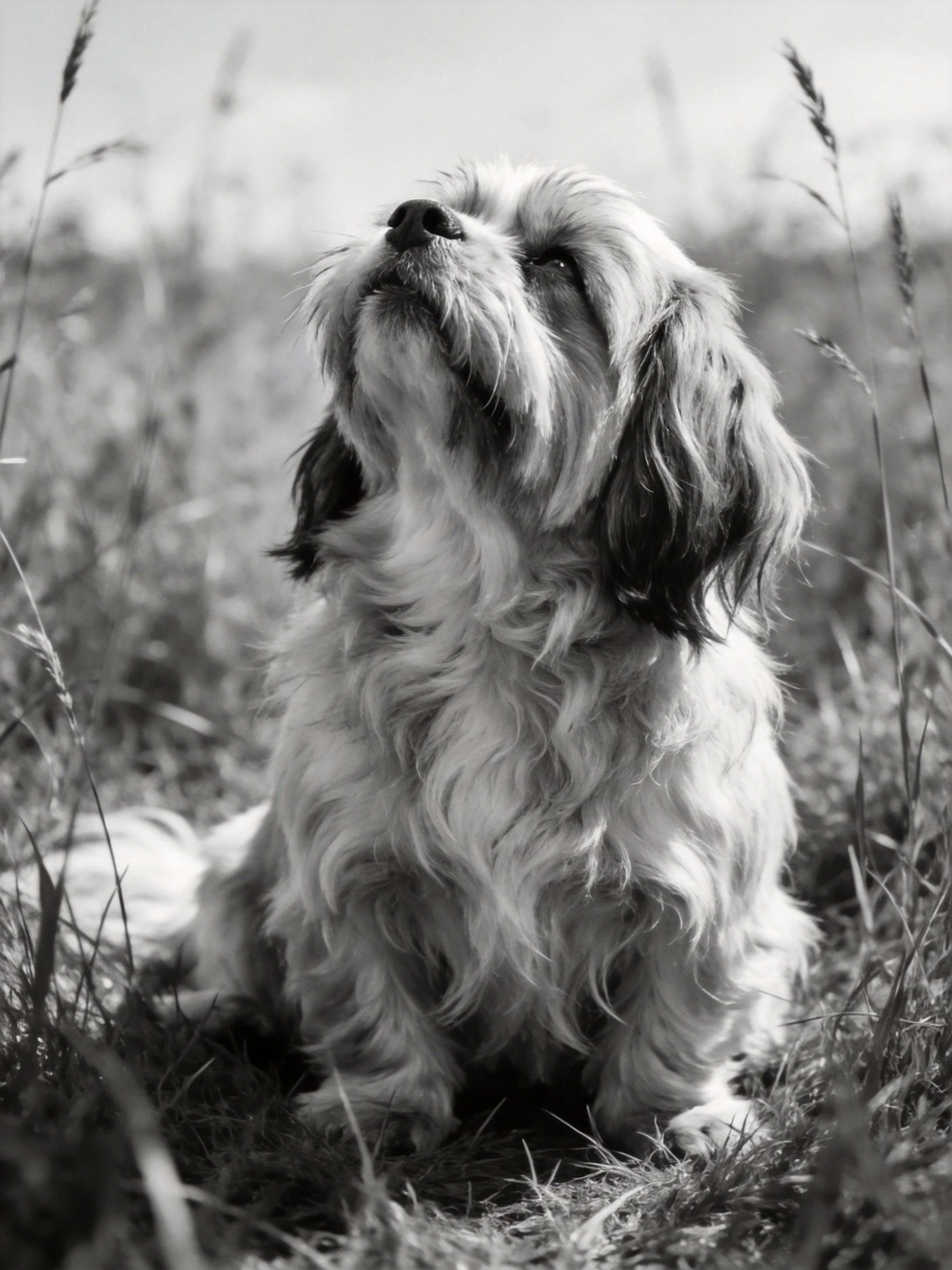 A small dog with shaggy fur sits in tall grass within a black and white photographic composition.