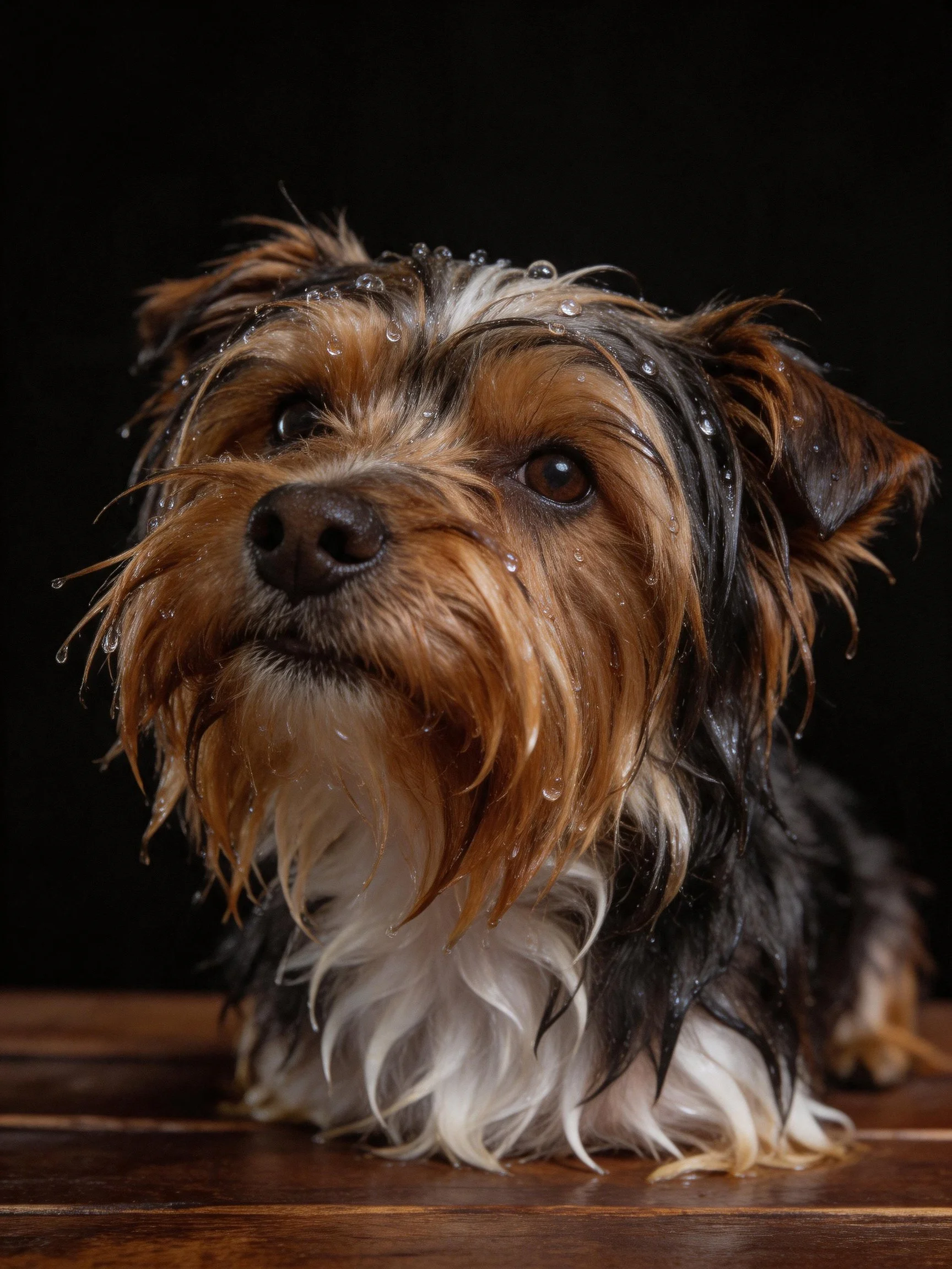 A small dog with wet fur sits on a wooden surface against a dark background.