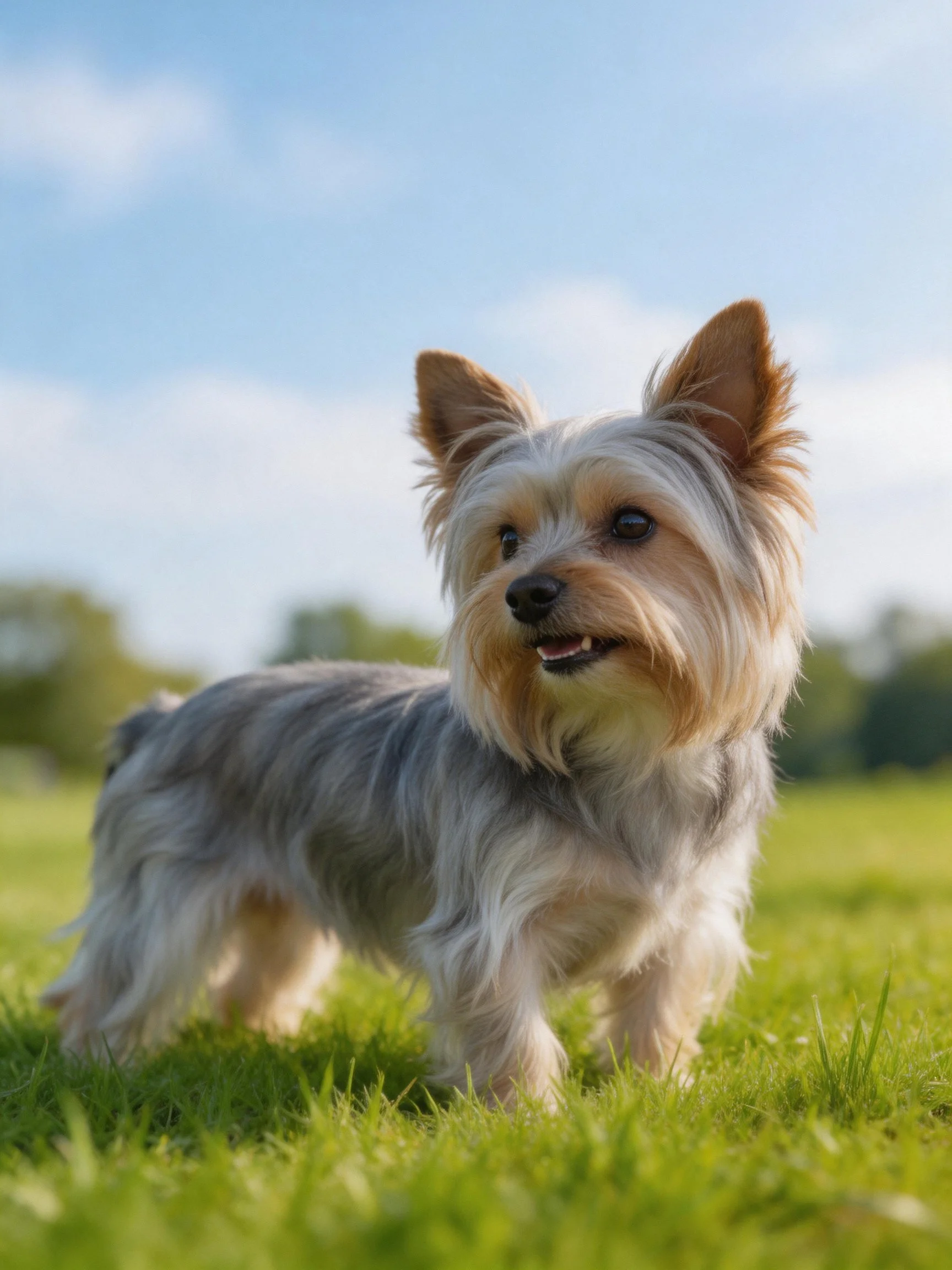 A small gray and tan dog stands on green grass in a sunny outdoor setting.