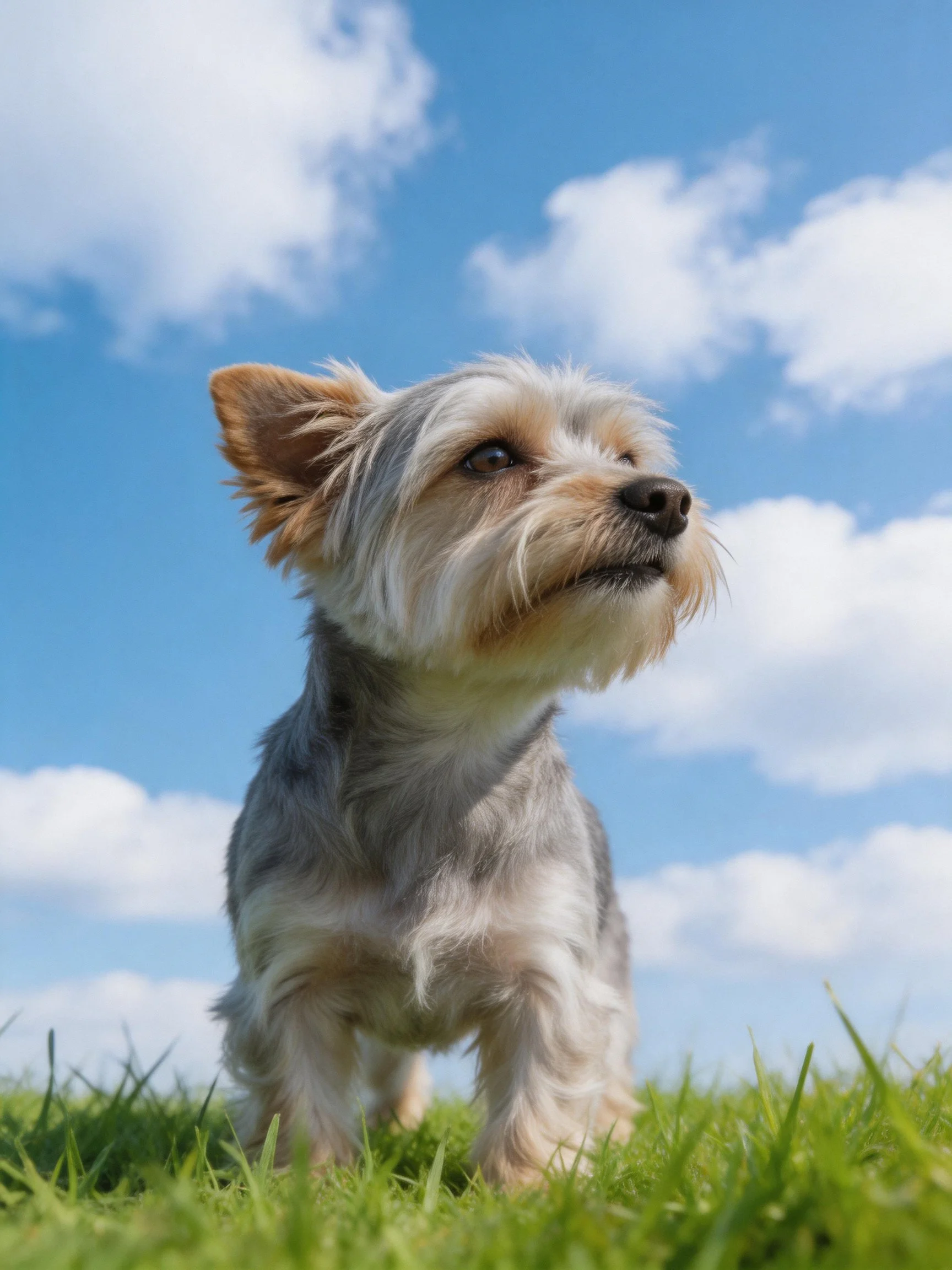 Small gray and tan dog standing on green grass under blue sky