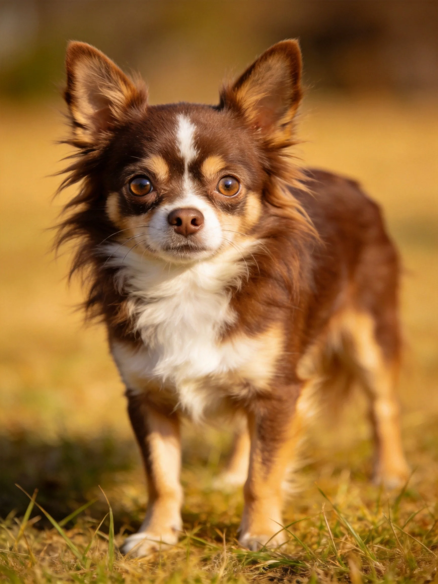 A small long-haired Chihuahua stands alert outdoors on grass.