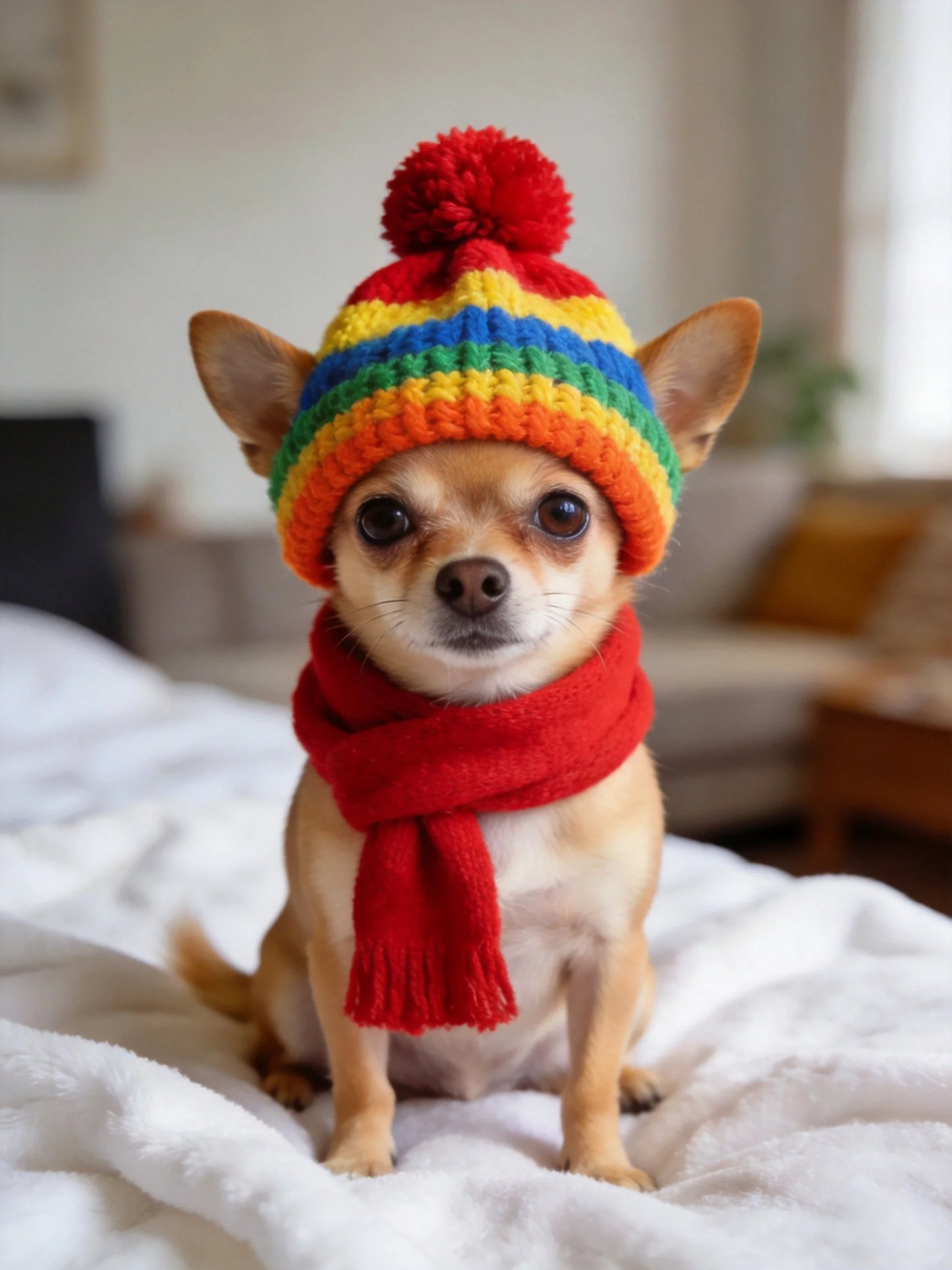 A tan Chihuahua sits on a white bed wearing a colorful knit hat and red scarf.