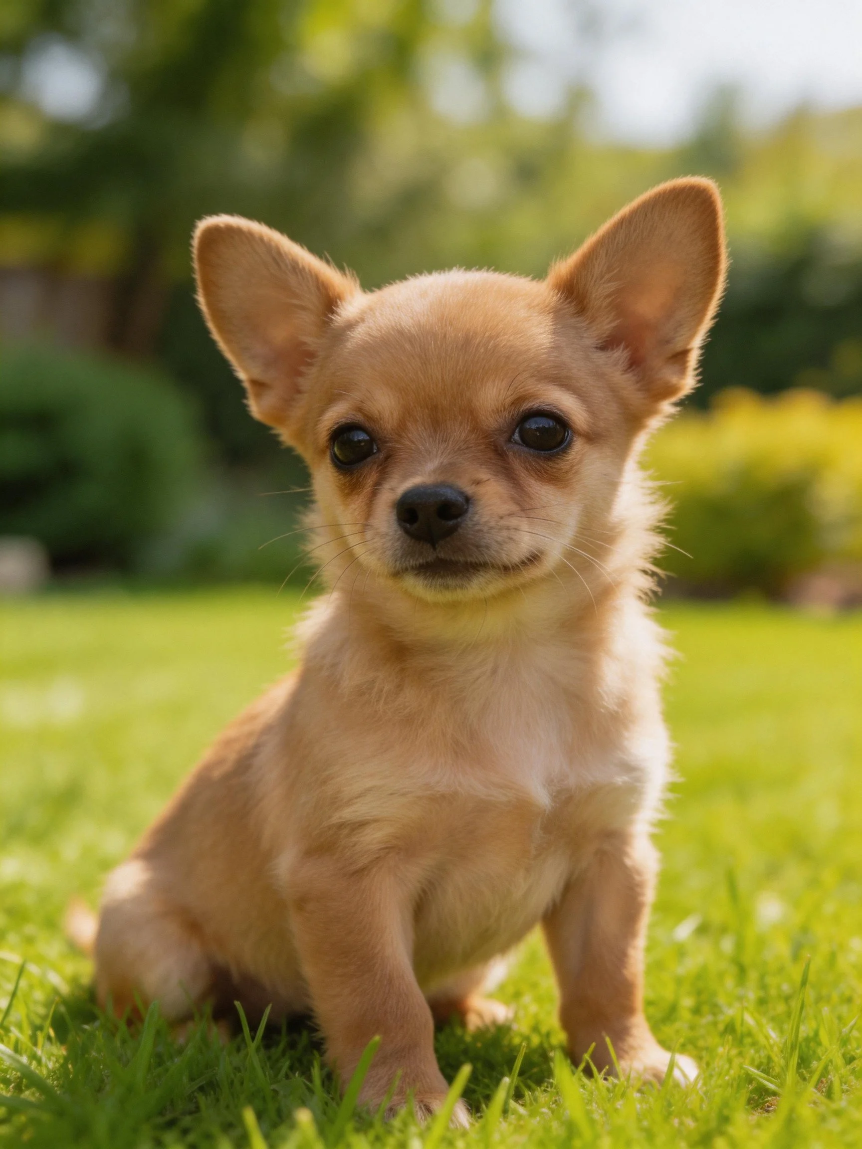 A small tan Chihuahua puppy sits calmly on lush green grass in a sunny outdoor area.