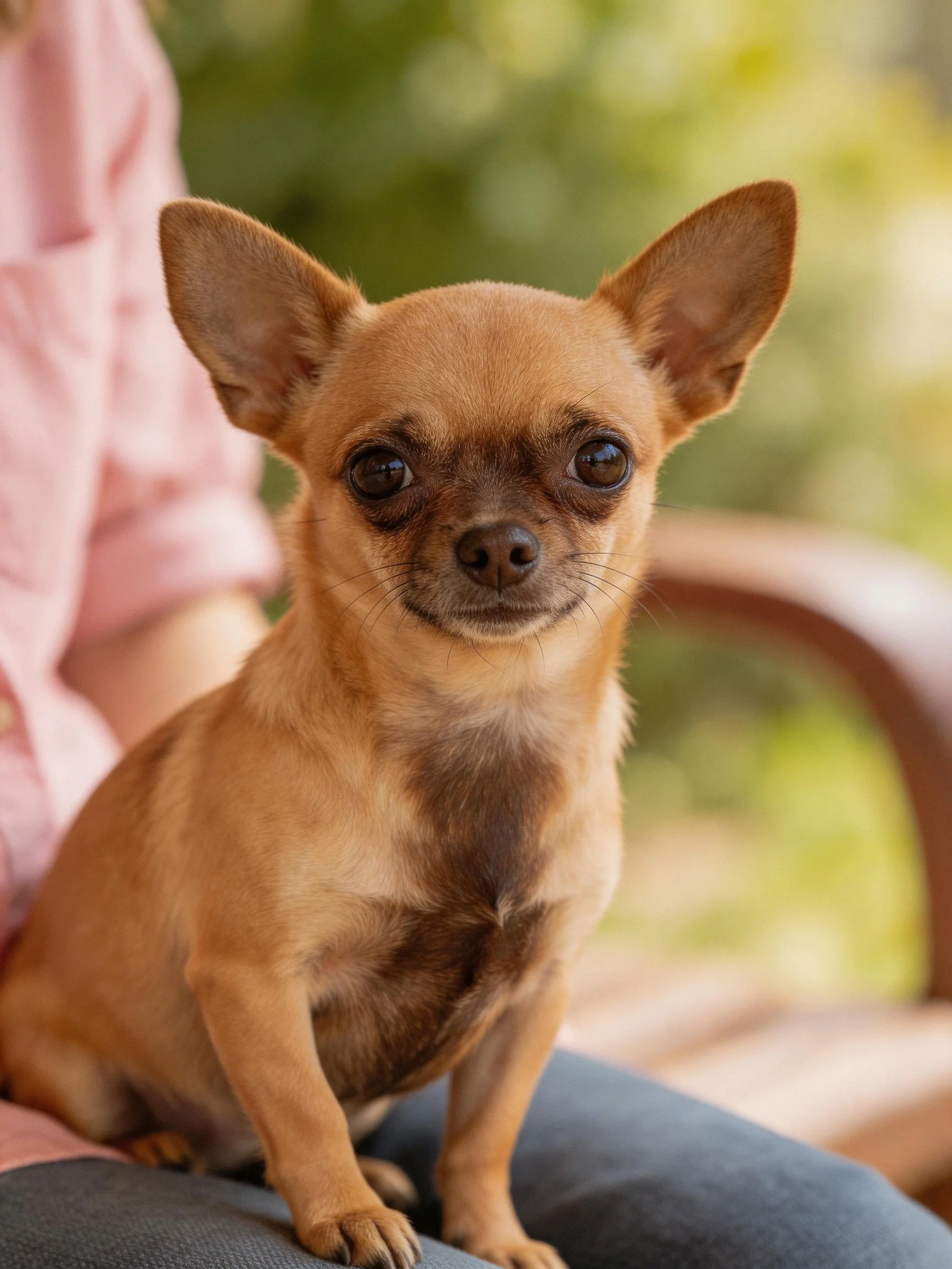 Small tanChihuahua sits on person’s lap amid greenery.