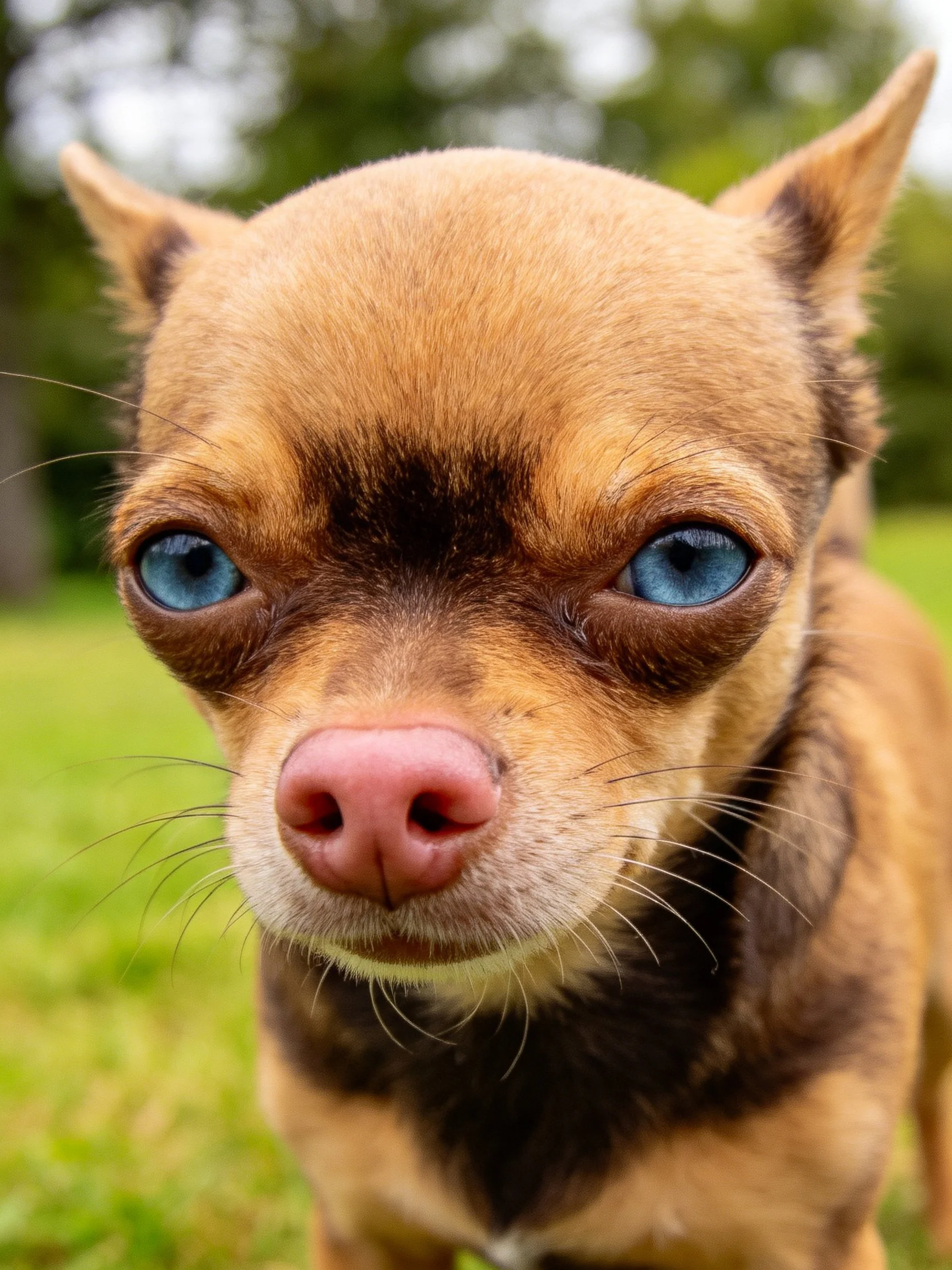 A tan Chihuahua with blue eyes is depicted in an outdoor grassy area.