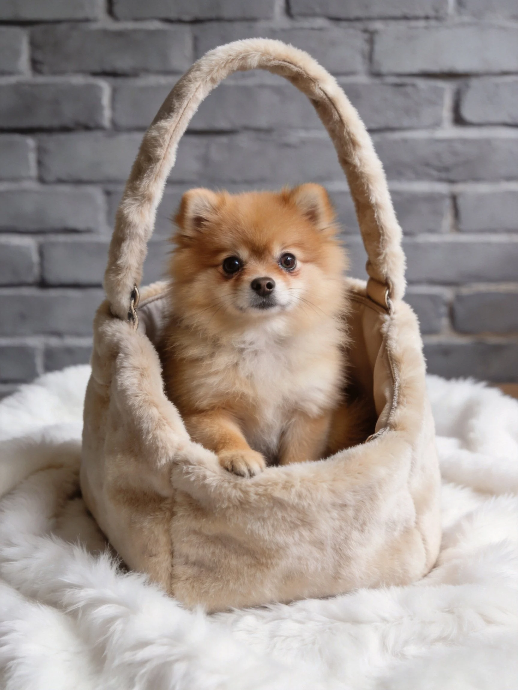 A small tan Pomeranian rests in a plush beige bag against a gray brick wall.