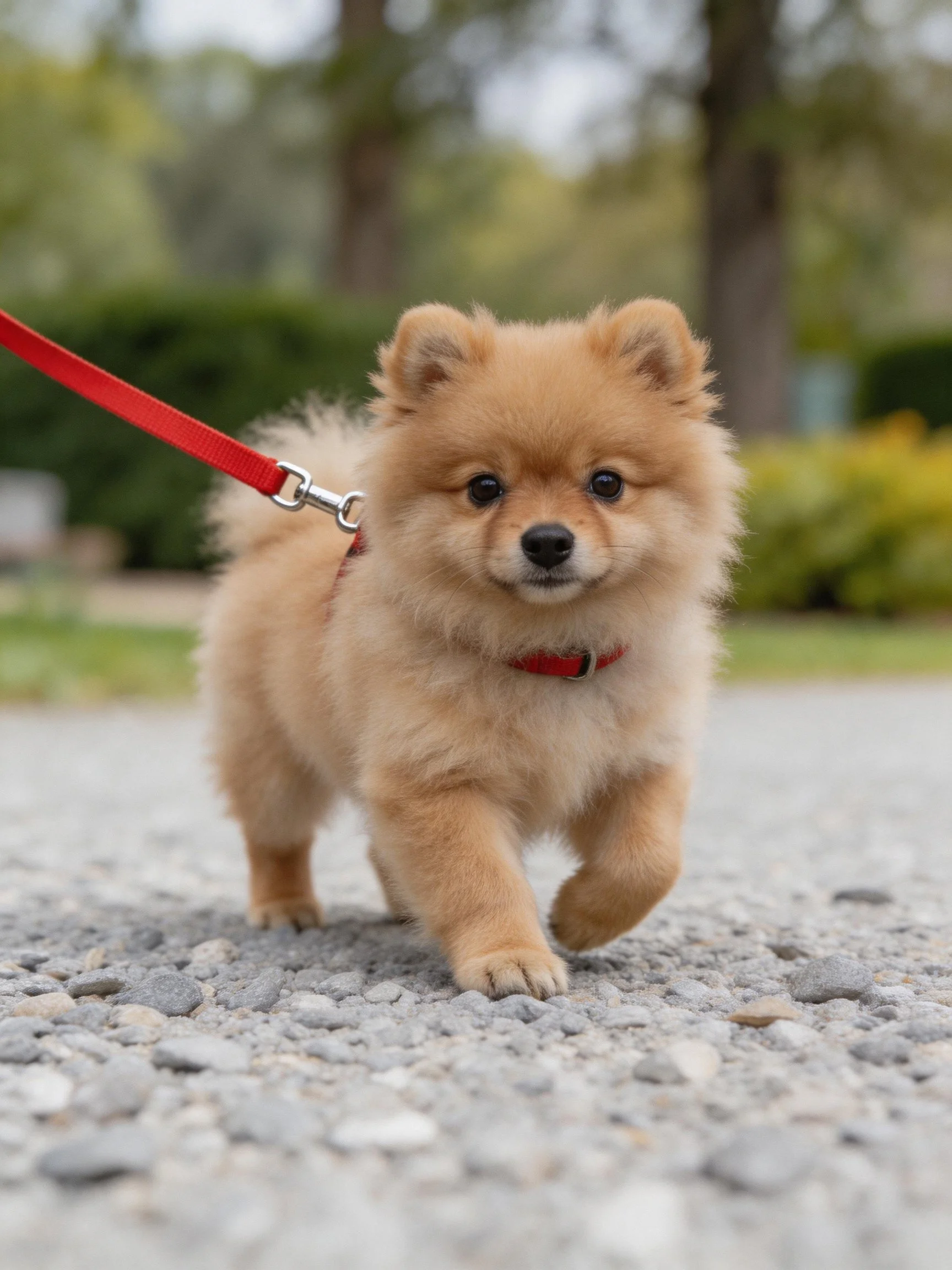 A small tan Pomeranian puppy walks on a gravel path with a red leash.
