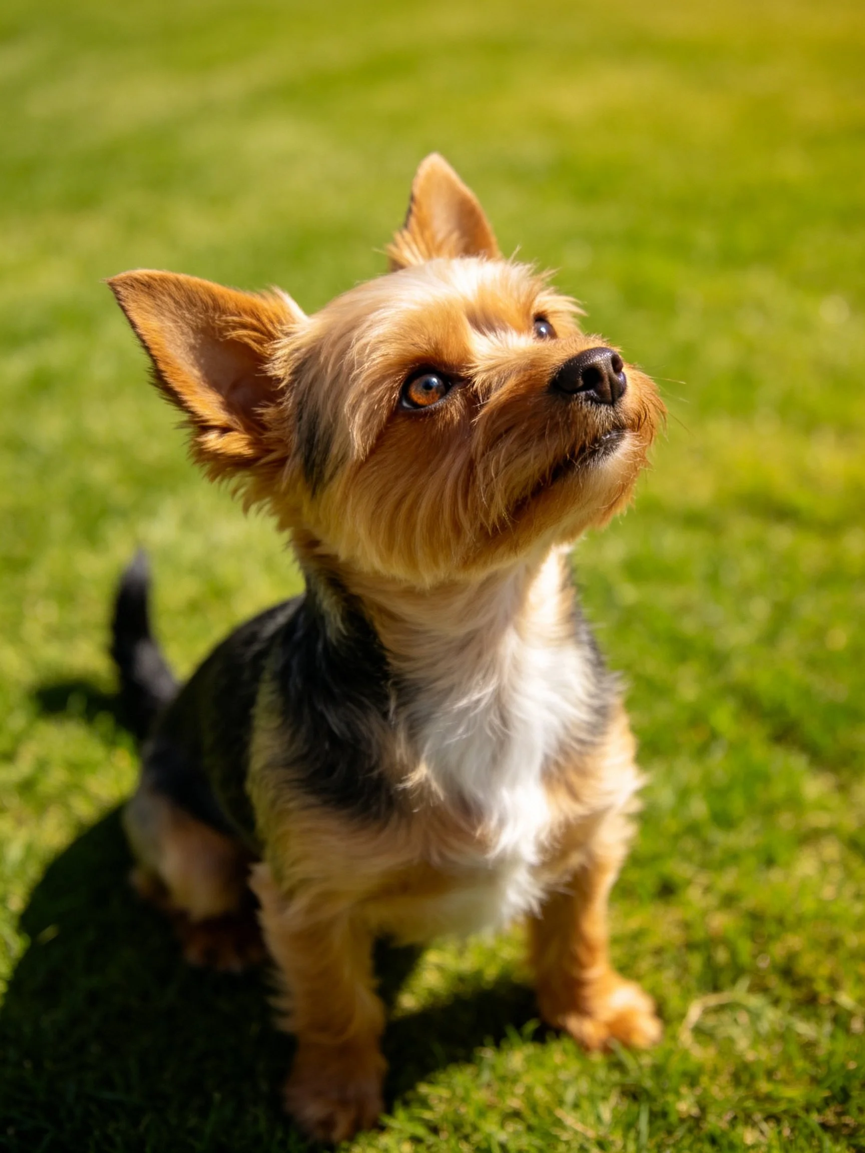 A small dog with mixed fur colors looks upward on green grass.