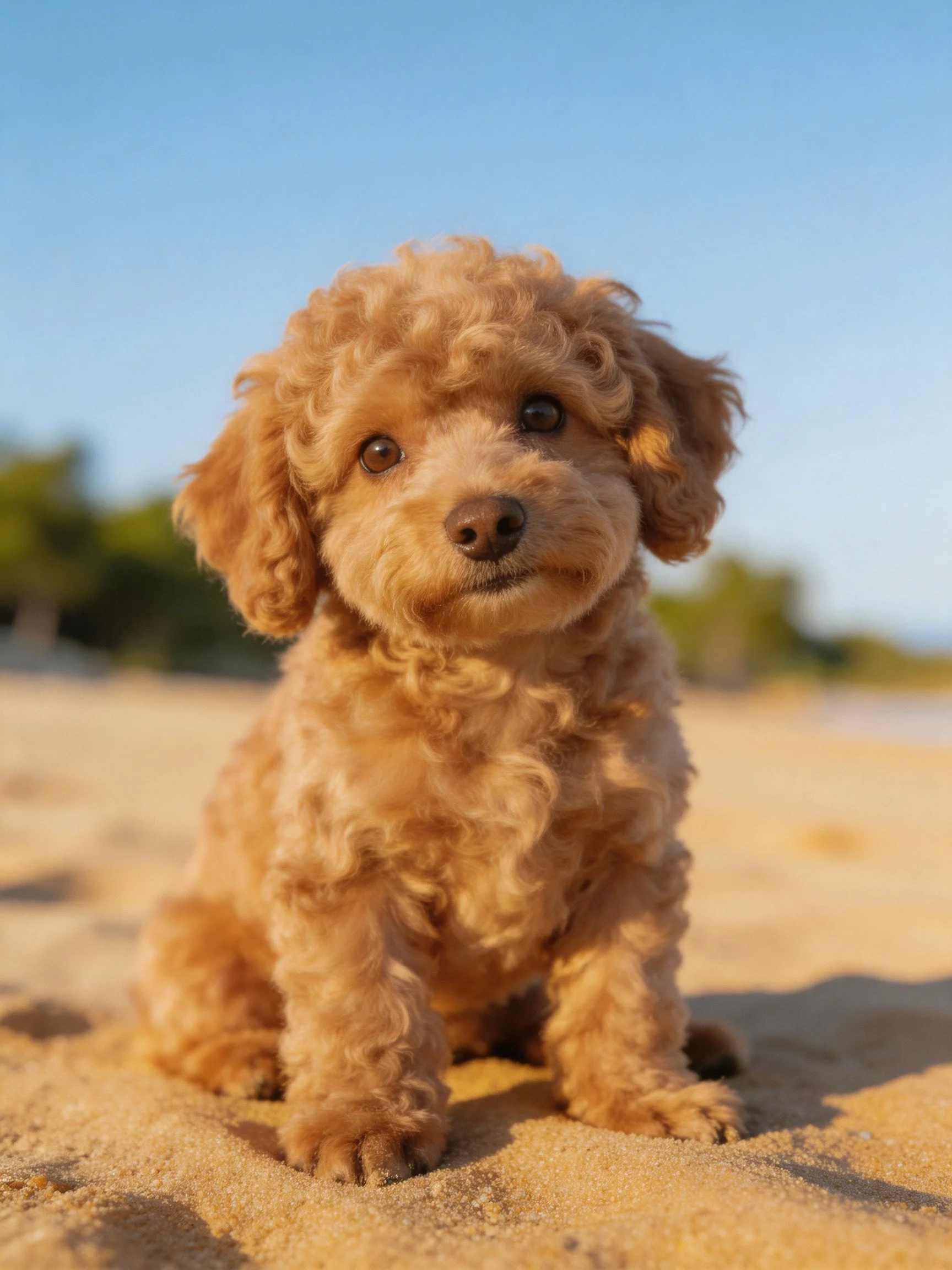 A small tan curly-haired puppy sits on sand at a sunny beach.