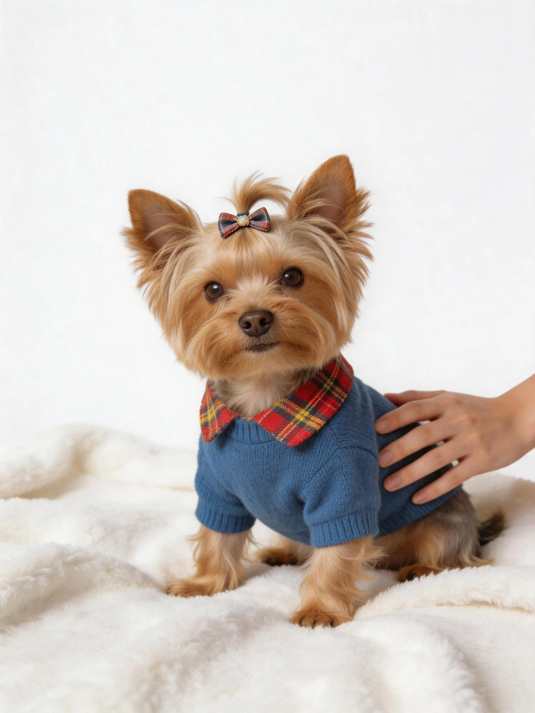 A small dog in clothing sits on a soft blanket while being petted.