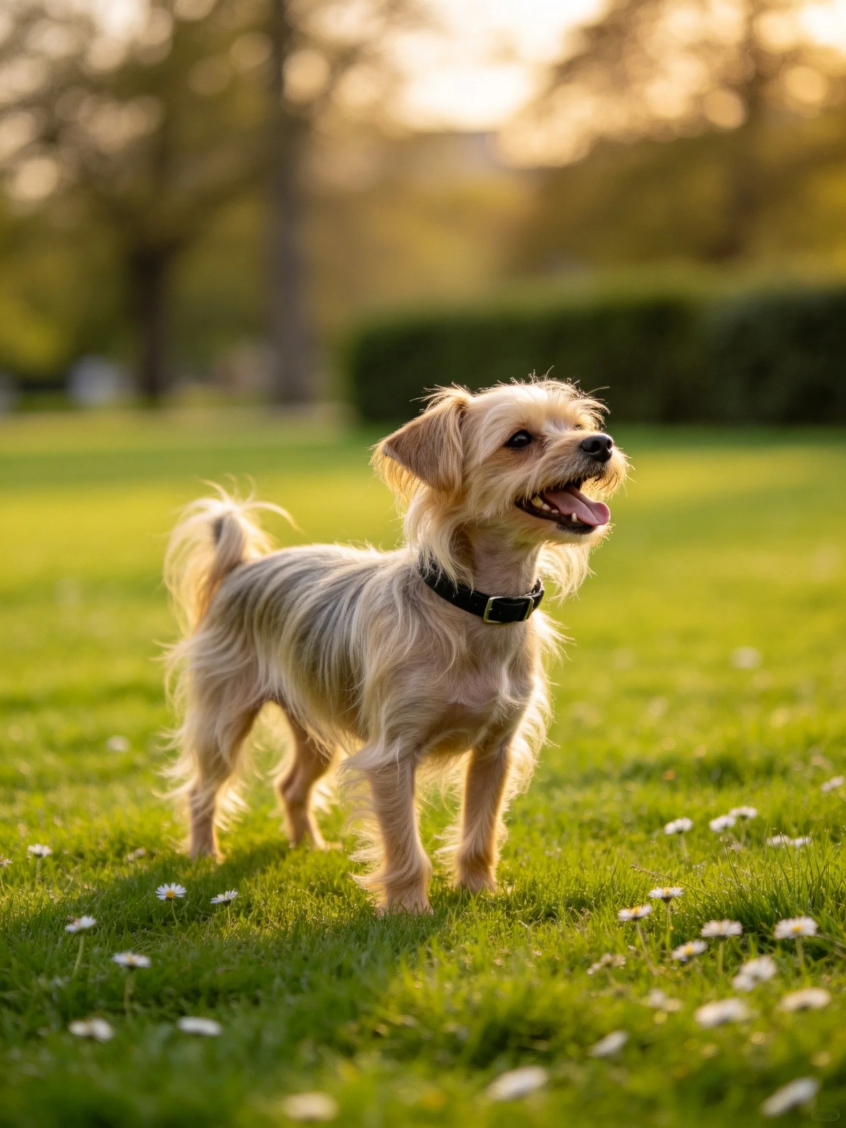 A tan dog enjoys a sunny day on a flower-speckled grassy field.