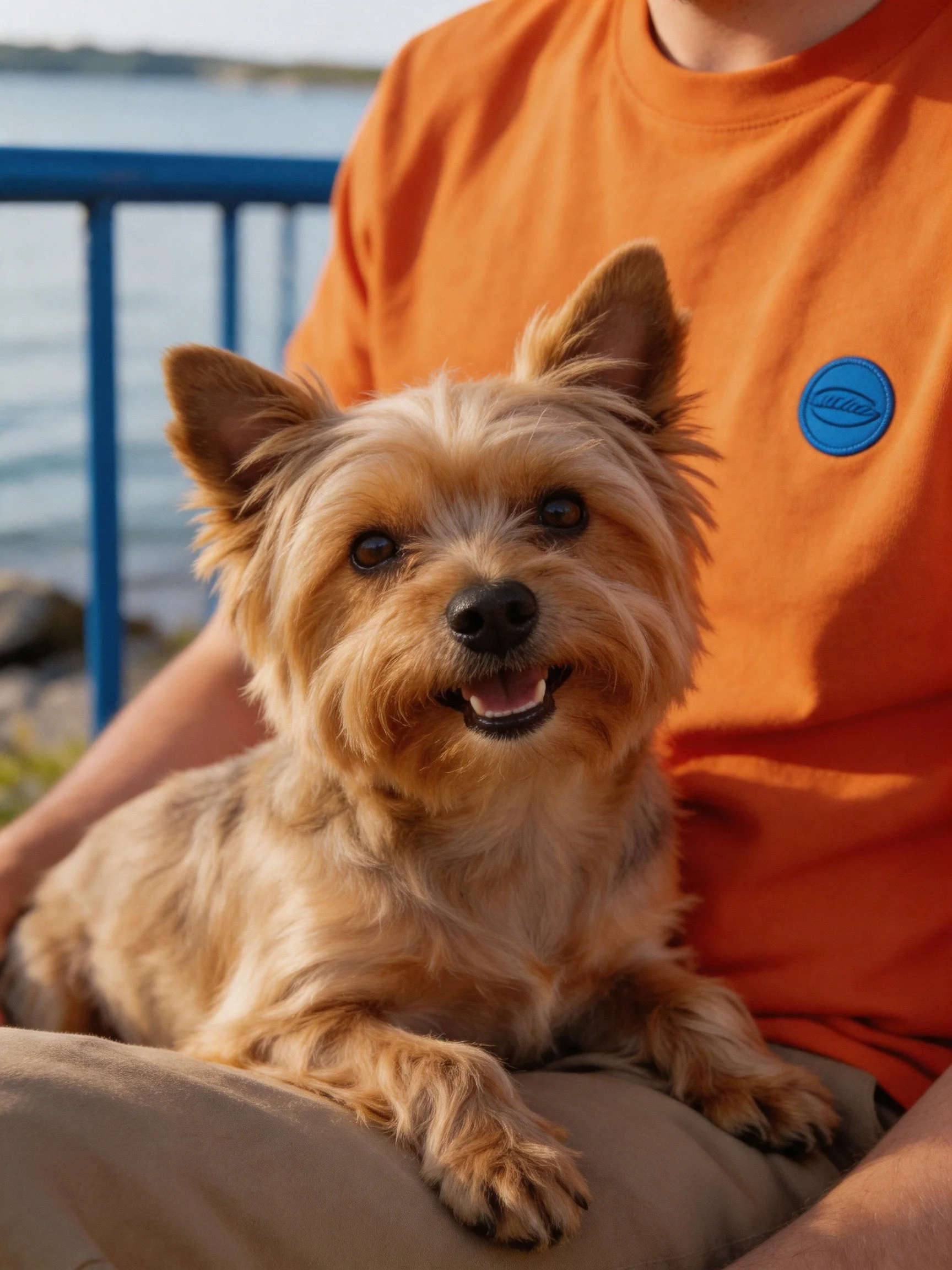 A small tan dog sits happily on a person’s lap near a waterfront with a blue railing.