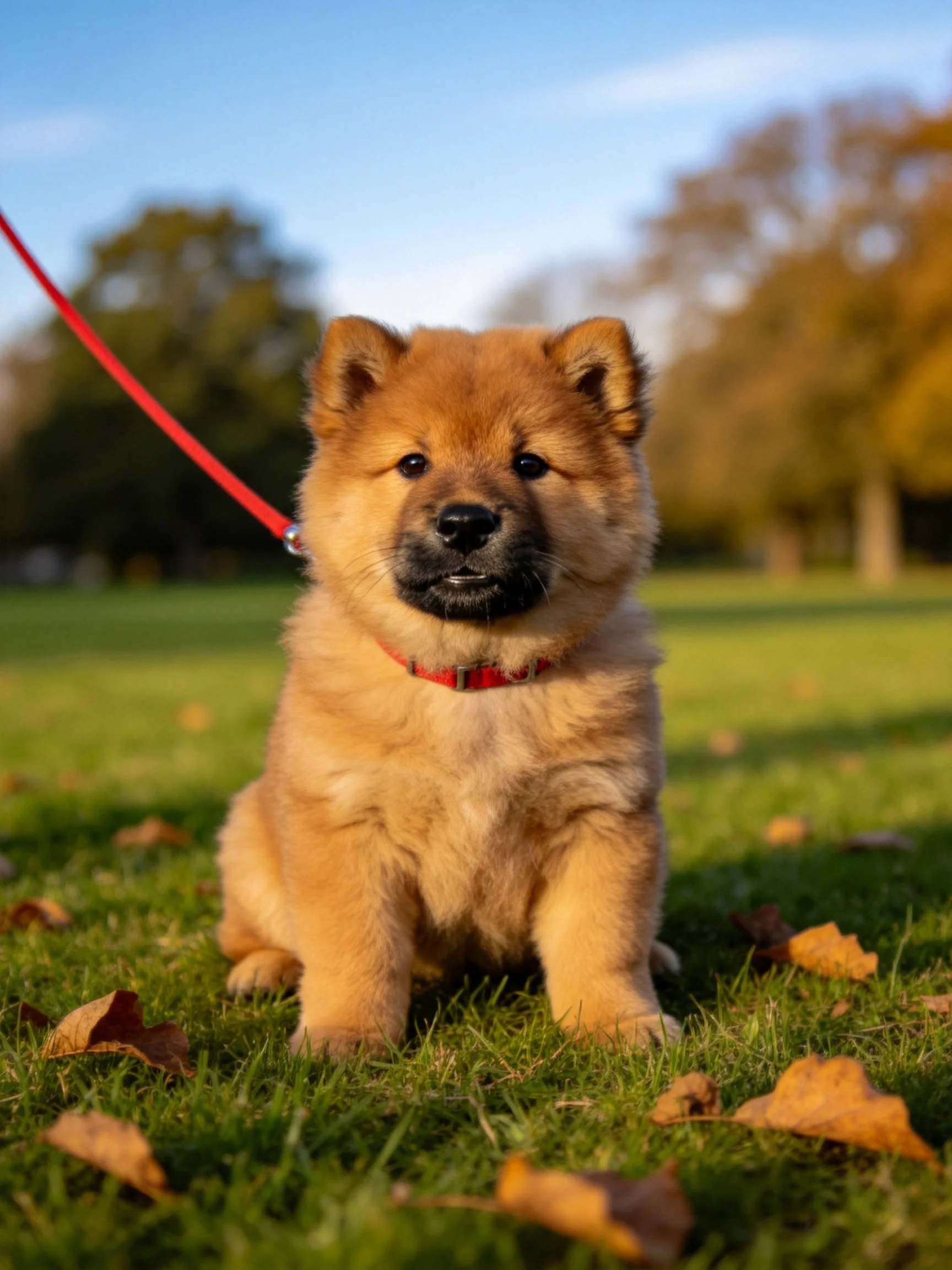 A small tan puppy sits on green grass near fallen leaves.