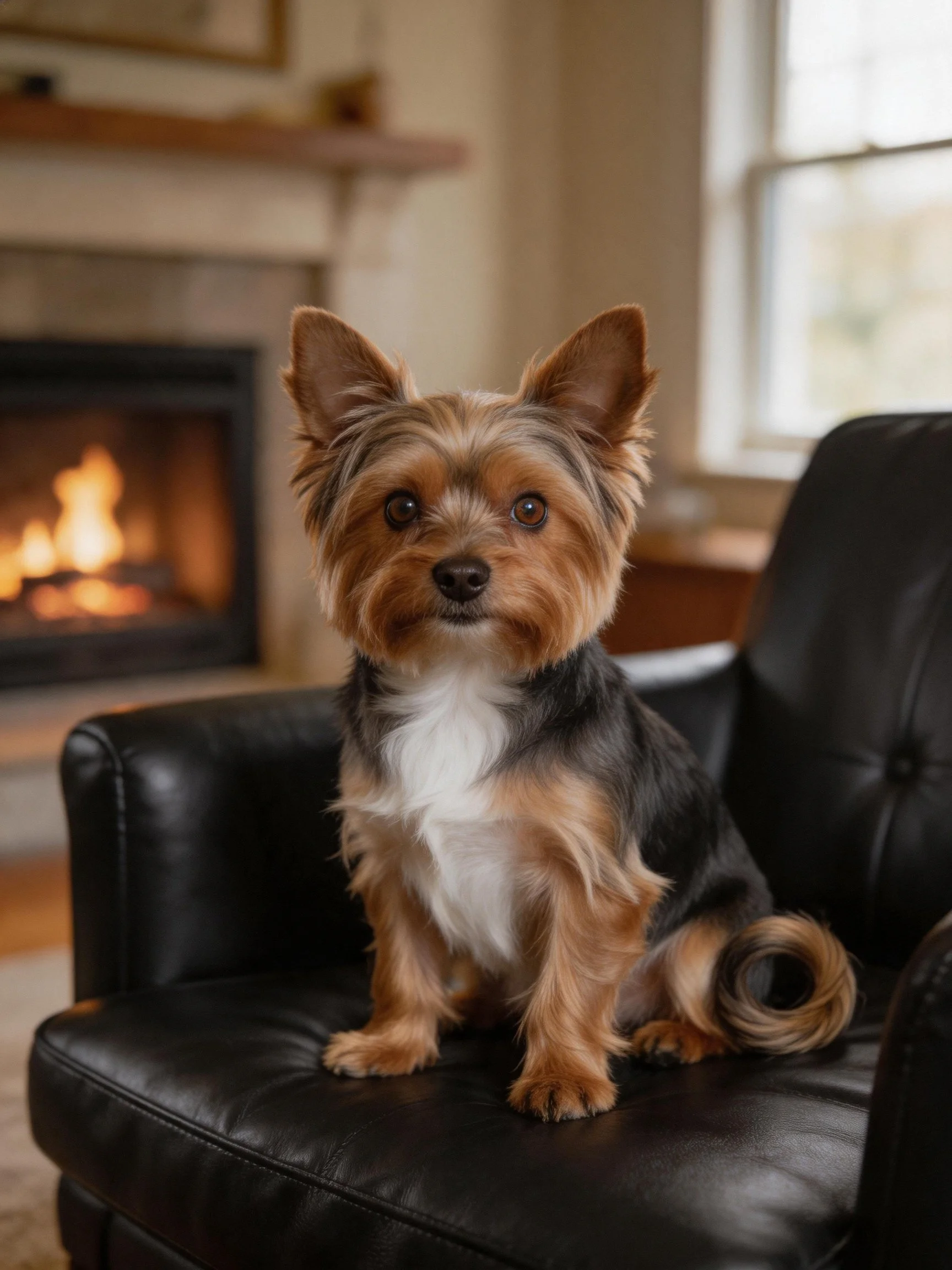 A small tricolor dog sits on a black leather chair near a lit fireplace.