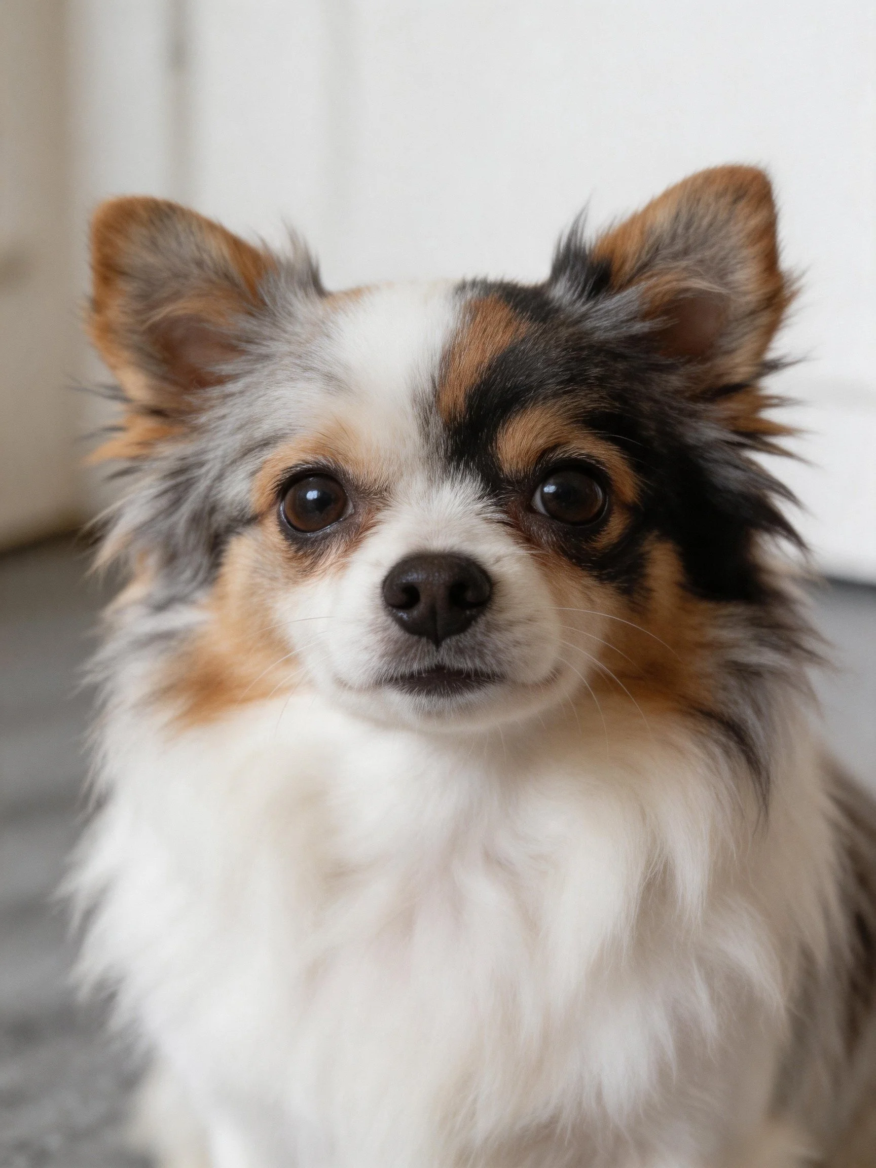 A small tricolor dog with fluffy fur looks directly at the viewer.