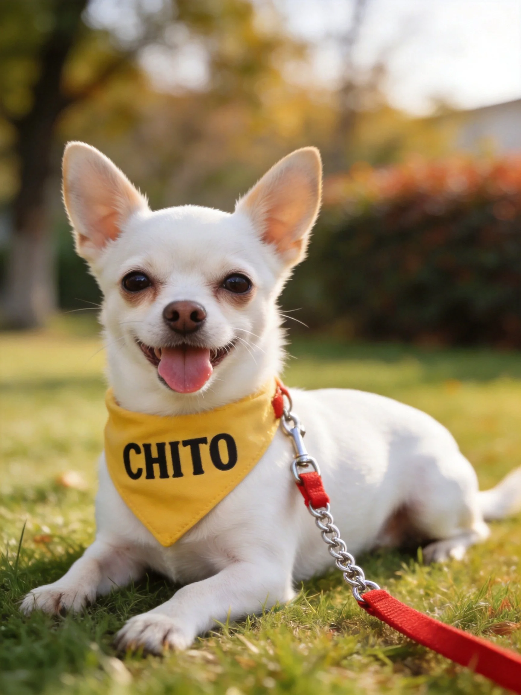 A small white Chihuahua lies on grass wearing a yellow bandana