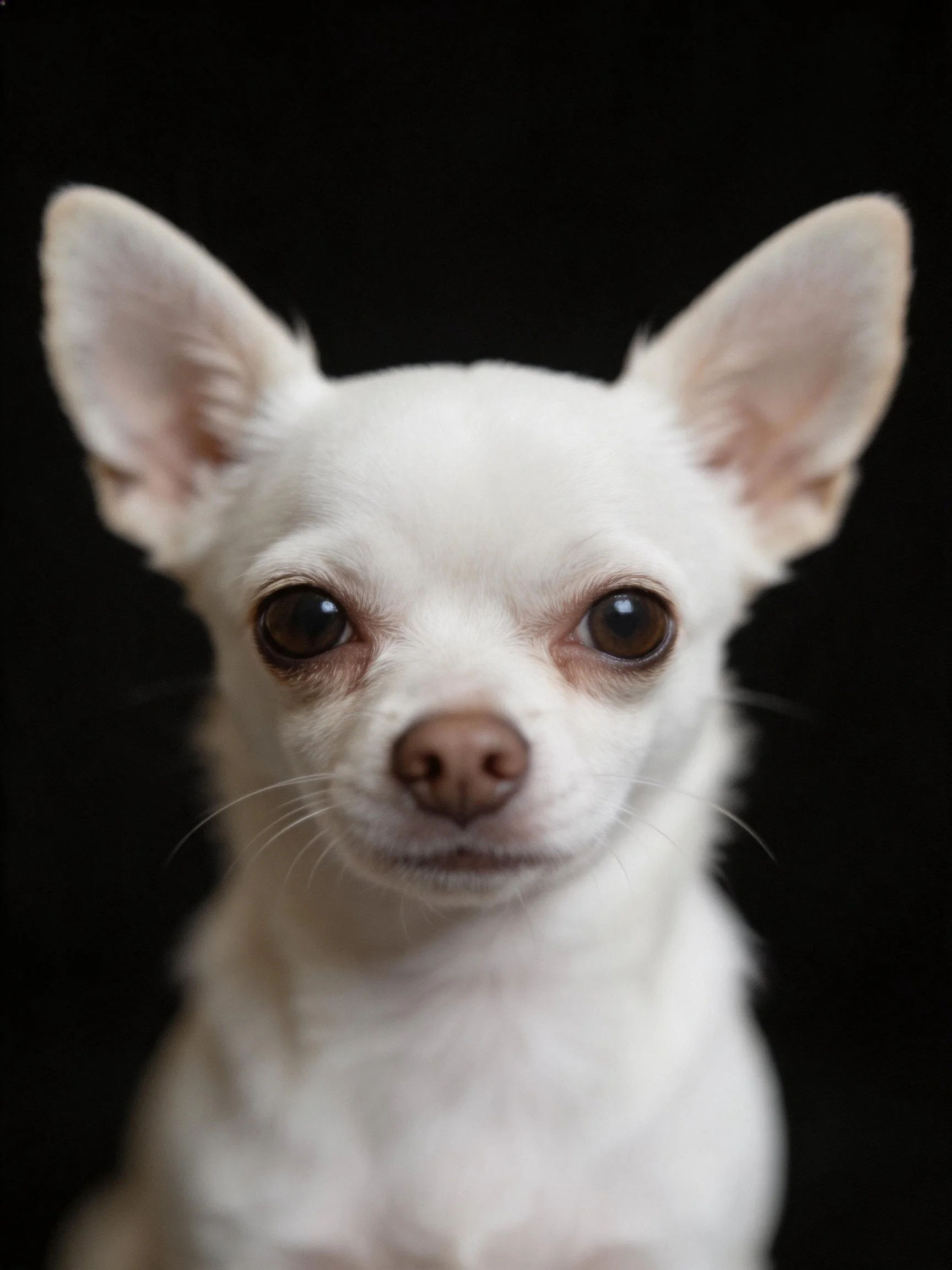 Small white Chihuahua with upright ears on a black background