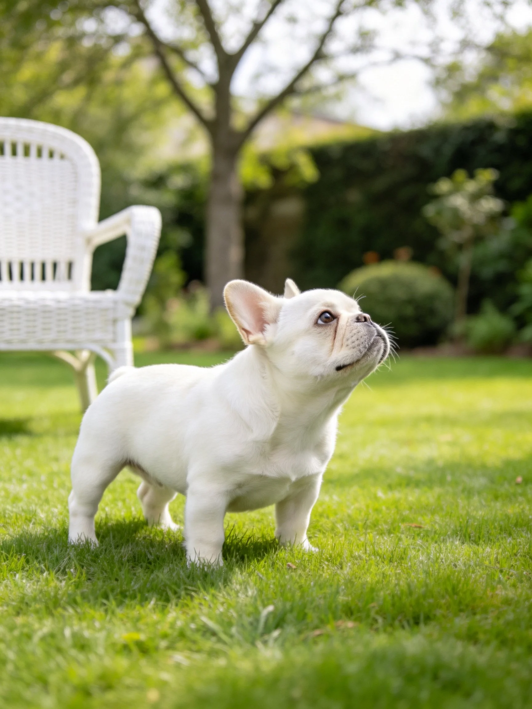 Small white French bulldog puppy on green grass near white wicker chair