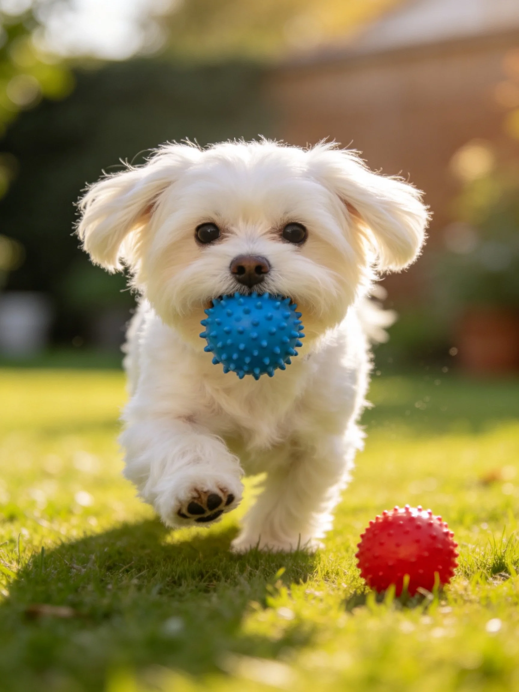Small white dog carrying blue spiky ball near red ball on grass