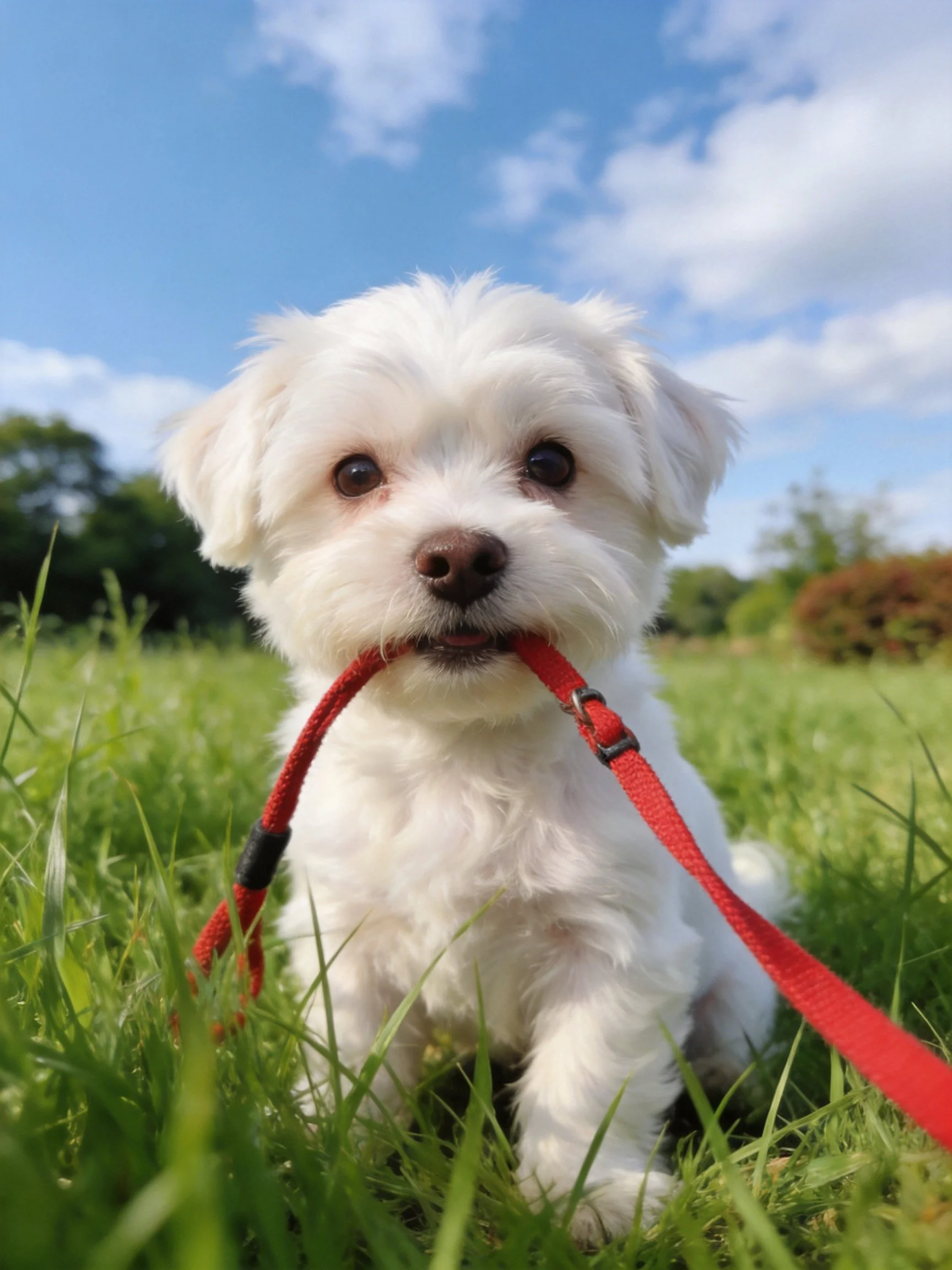 A small white dog holds a red leash while sitting in a grassy area under a bright sky.