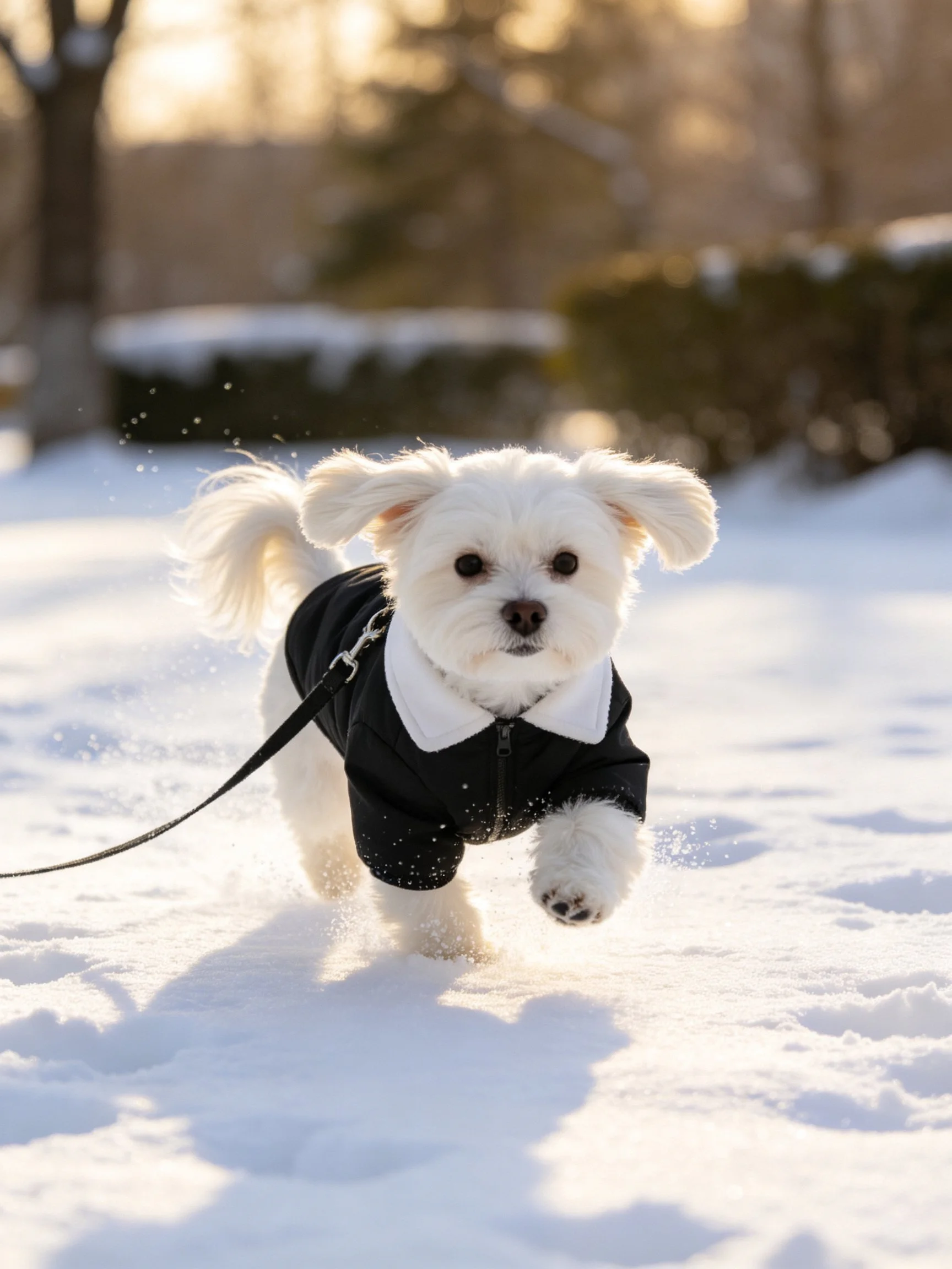 A white dog in a black coat runs through the snow.
