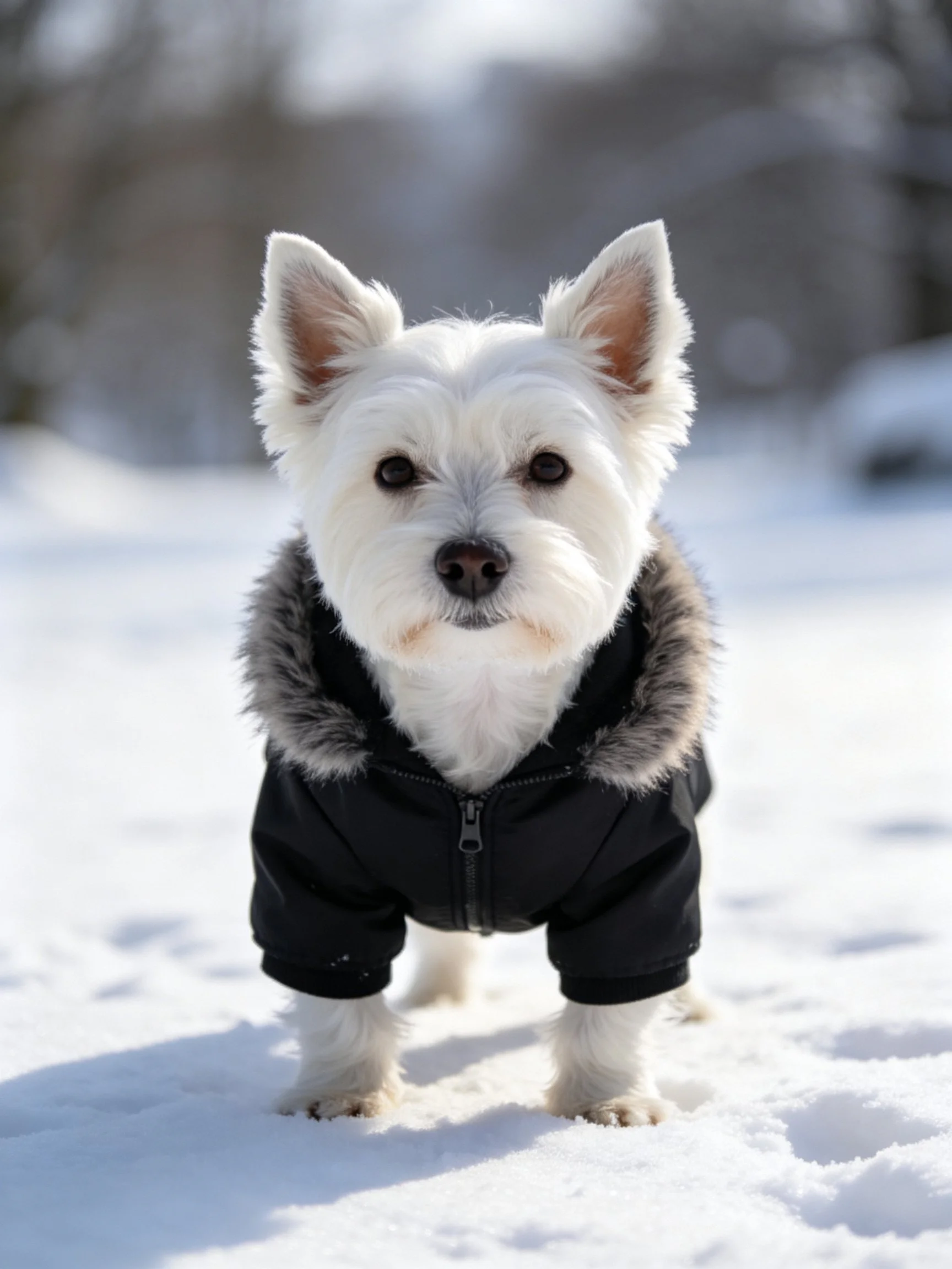 A small white dog wears a black winter coat while standing on snow.